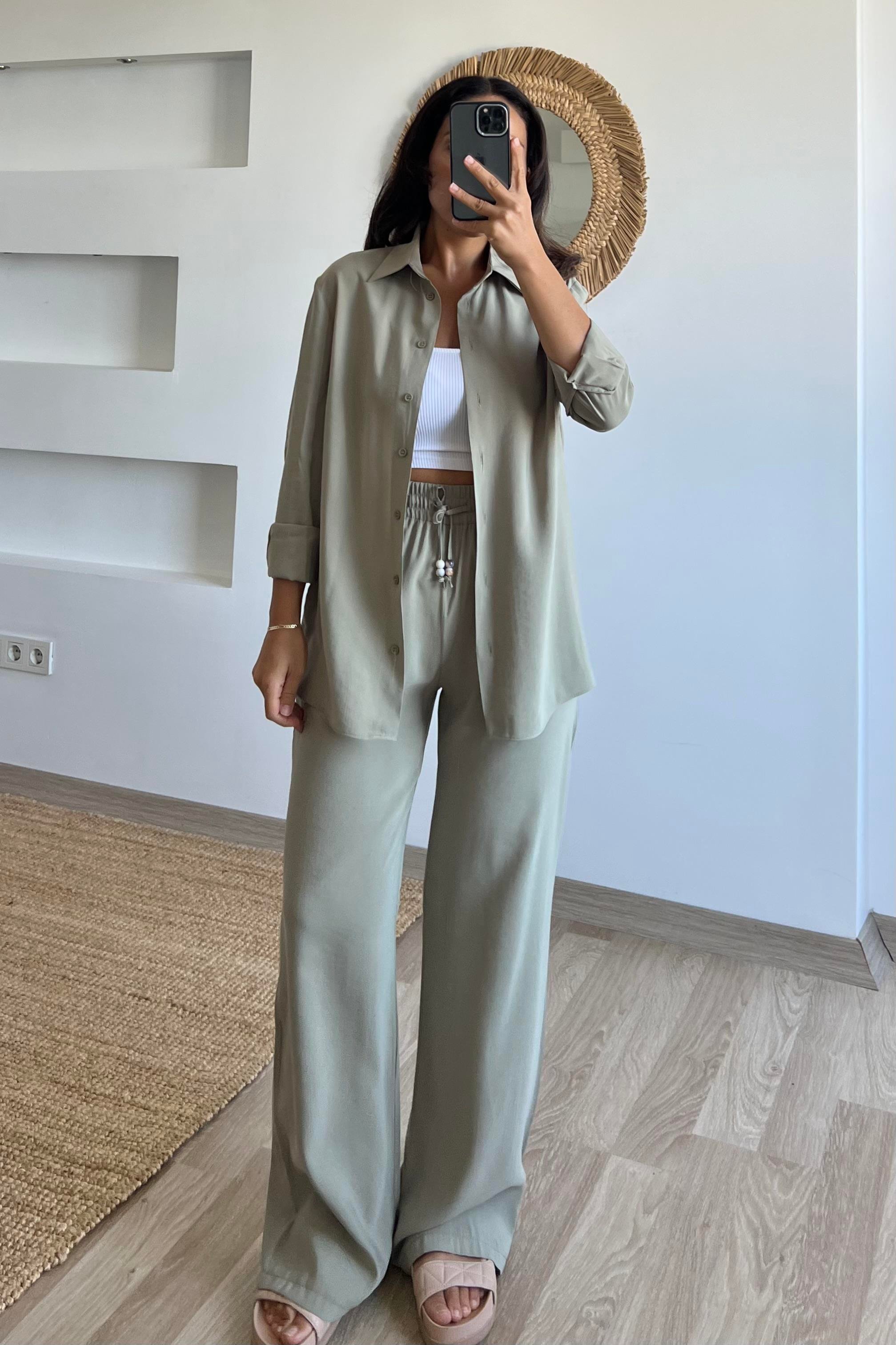 Yağ Yeşili Modal Premium Gömlek Pantolon Takım uygun fiyatlarda www.butikhola.com adresinde