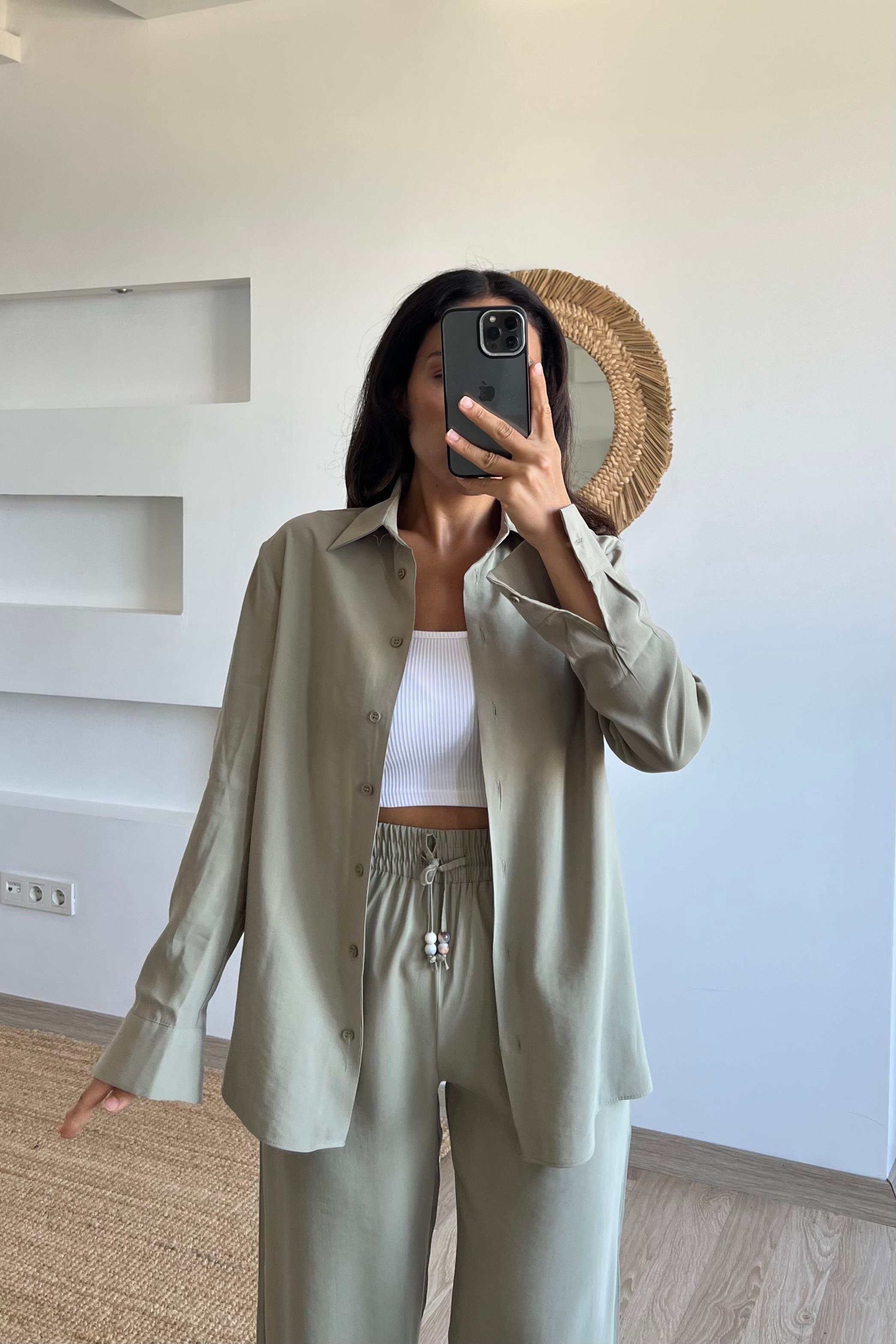 Yağ Yeşili Modal Premium Gömlek Pantolon Takım uygun fiyatlarda www.butikhola.com adresinde
