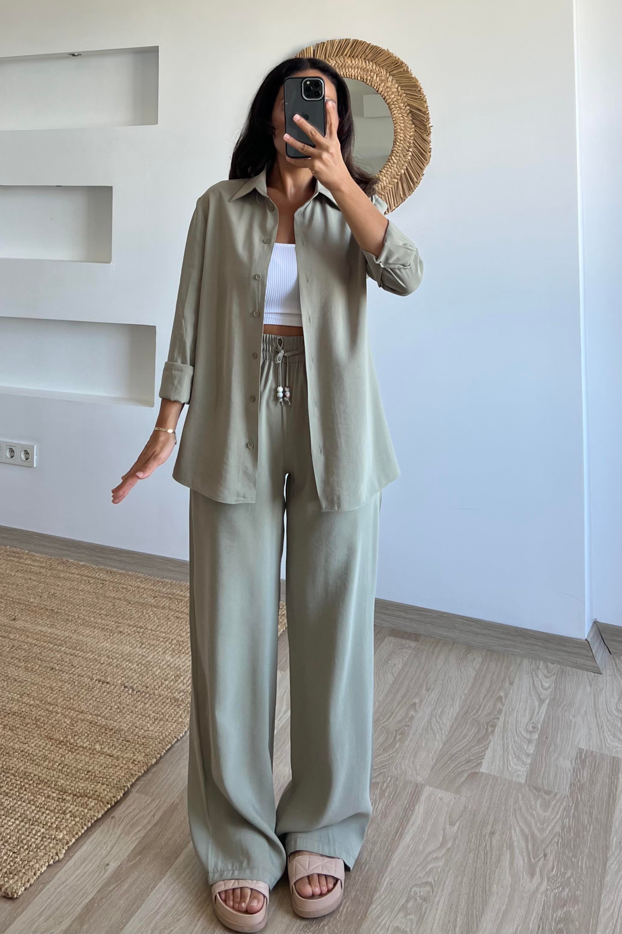 Yağ Yeşili Modal Premium Gömlek Pantolon Takım uygun fiyatlarda www.butikhola.com adresinde