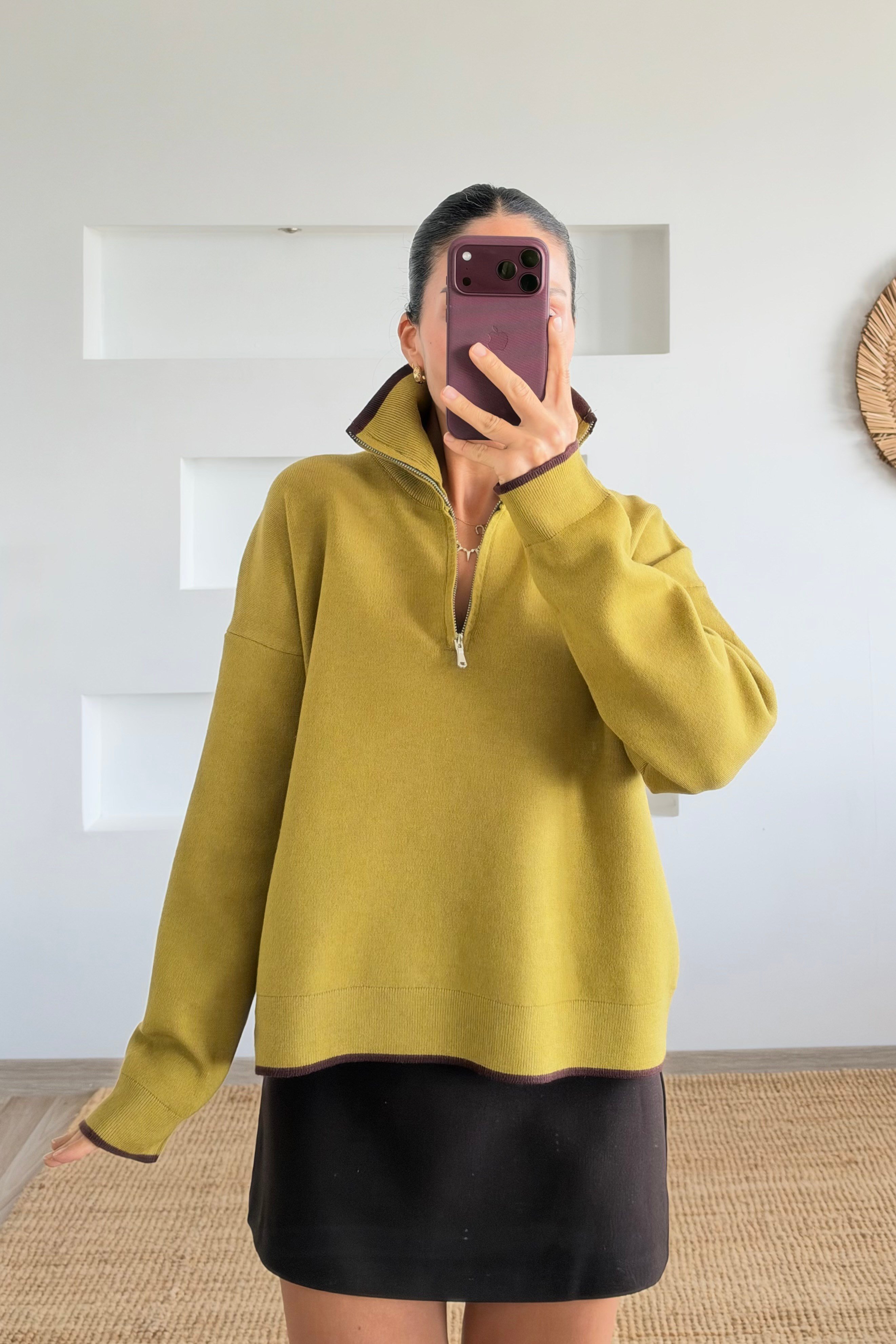 Yağ Yeşili Yarım Fermuarlı Dik Yaka Kazak uygun fiyatlarda www.butikhola.com adresinde