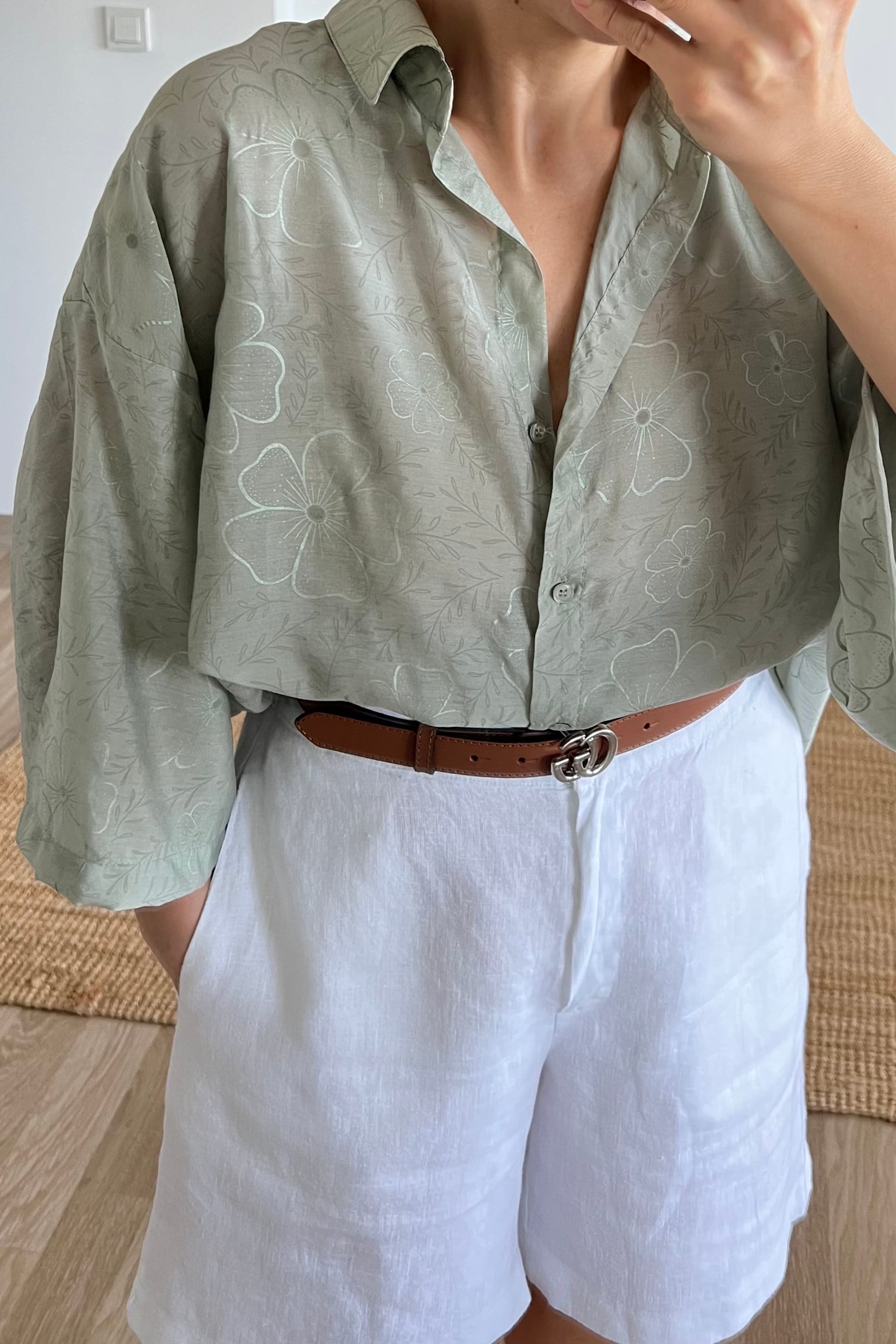 Yeşil Çiçek Desenli Oversize Gömlek uygun fiyatlarda www.butikhola.com adresinde