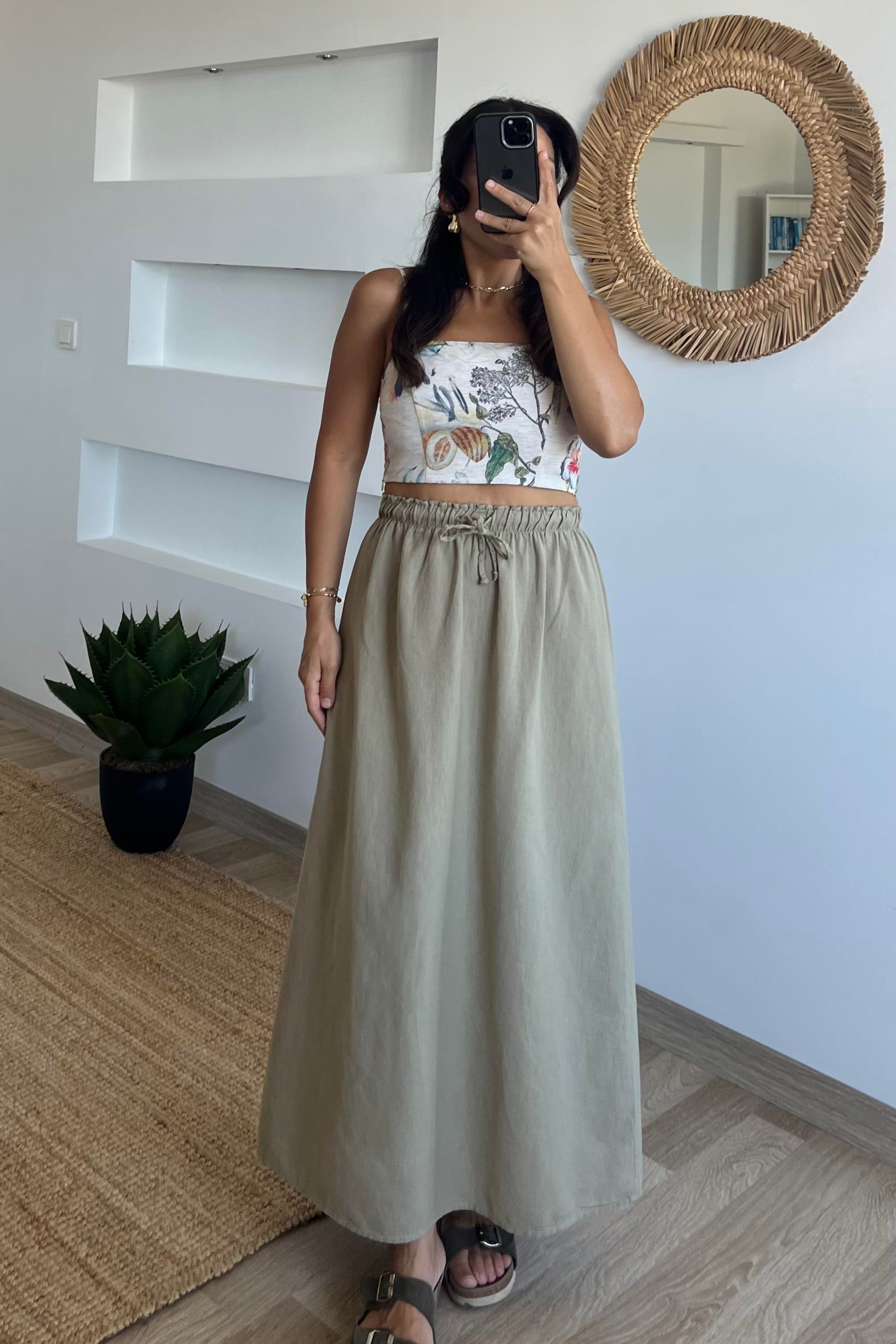 Yeşil Ham Keten Premium Etek uygun fiyatlarda www.butikhola.com adresinde