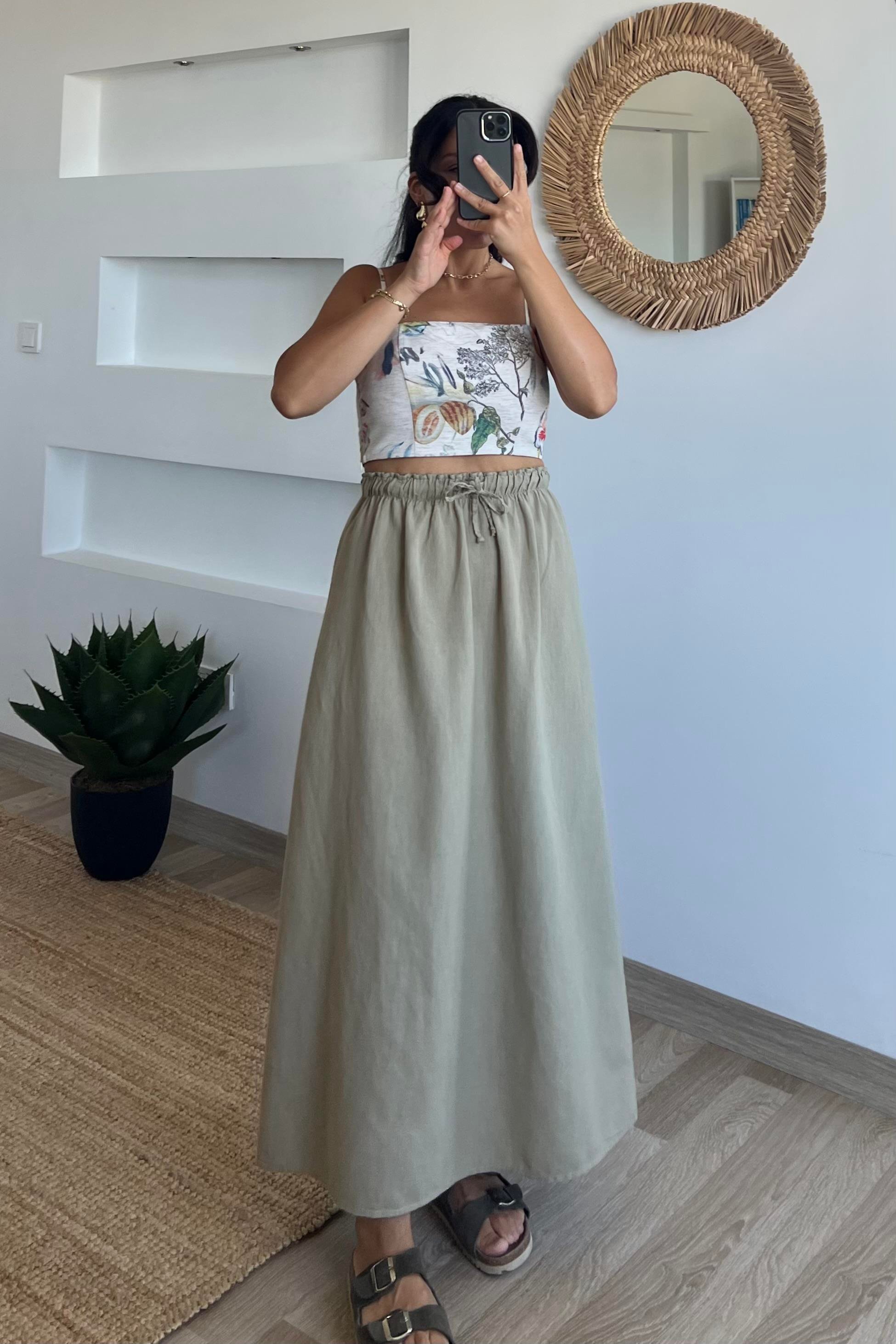 Yeşil Ham Keten Premium Etek uygun fiyatlarda www.butikhola.com adresinde