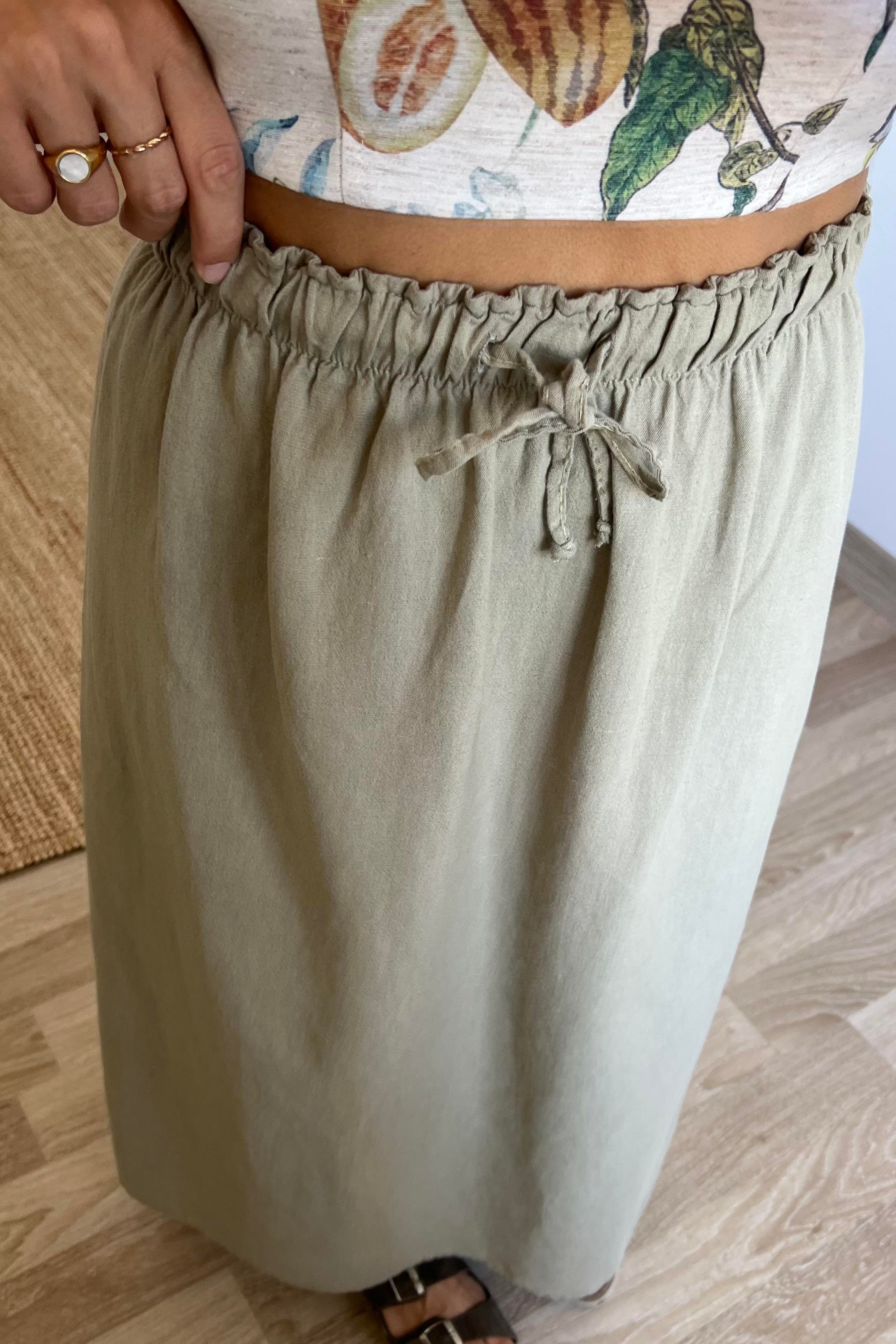 Yeşil Ham Keten Premium Etek uygun fiyatlarda www.butikhola.com adresinde