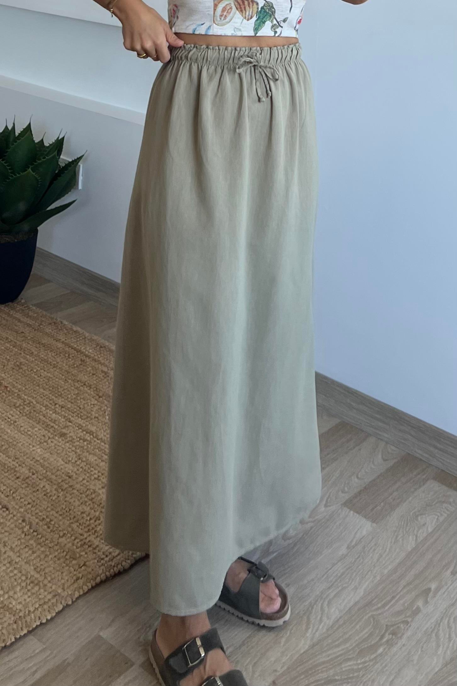 Yeşil Ham Keten Premium Etek uygun fiyatlarda www.butikhola.com adresinde