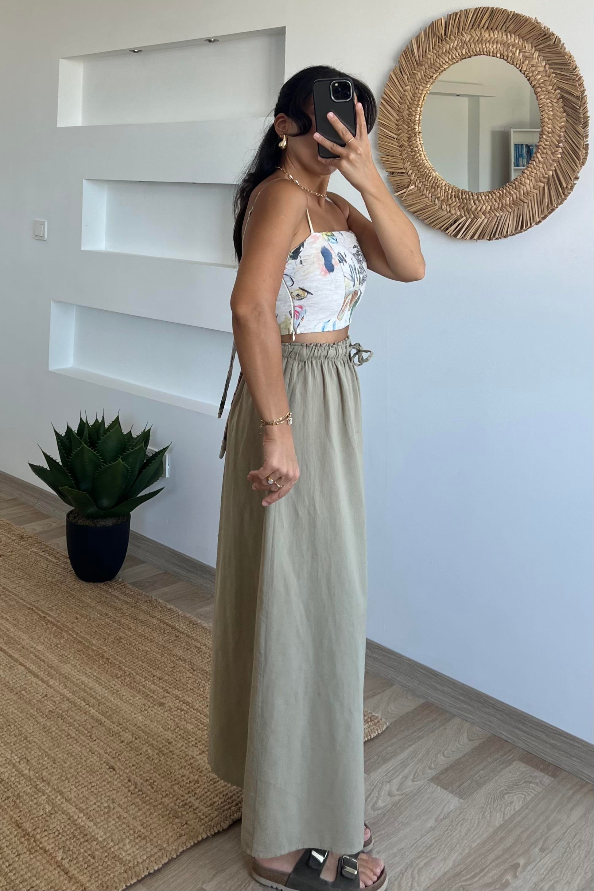 Yeşil Ham Keten Premium Etek uygun fiyatlarda www.butikhola.com adresinde