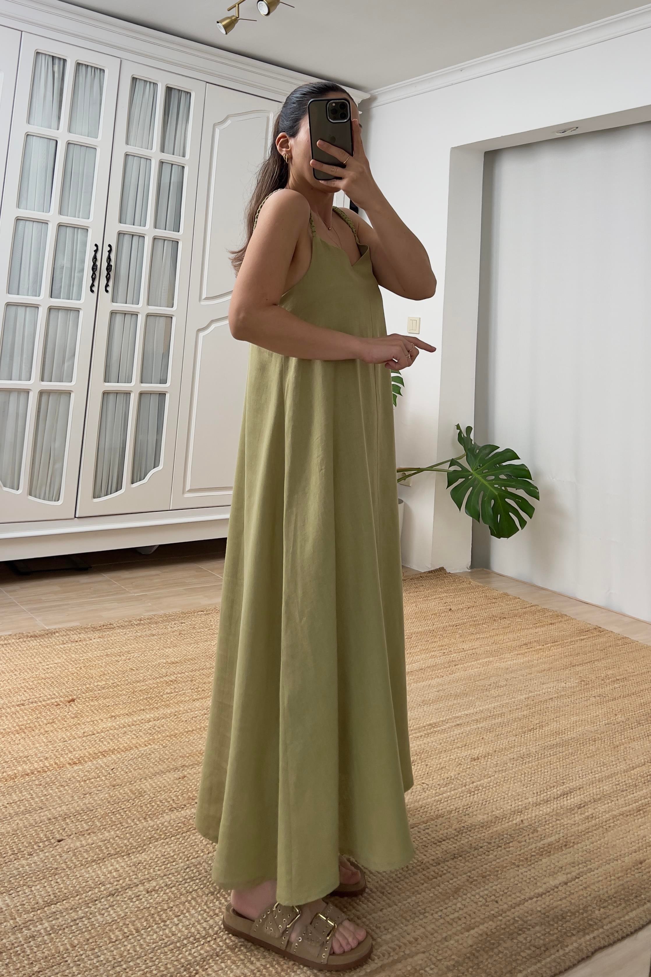 Yeşil Örgü Askı Detaylı Astarlı Keten Elbise uygun fiyatlarda www.butikhola.com adresinde