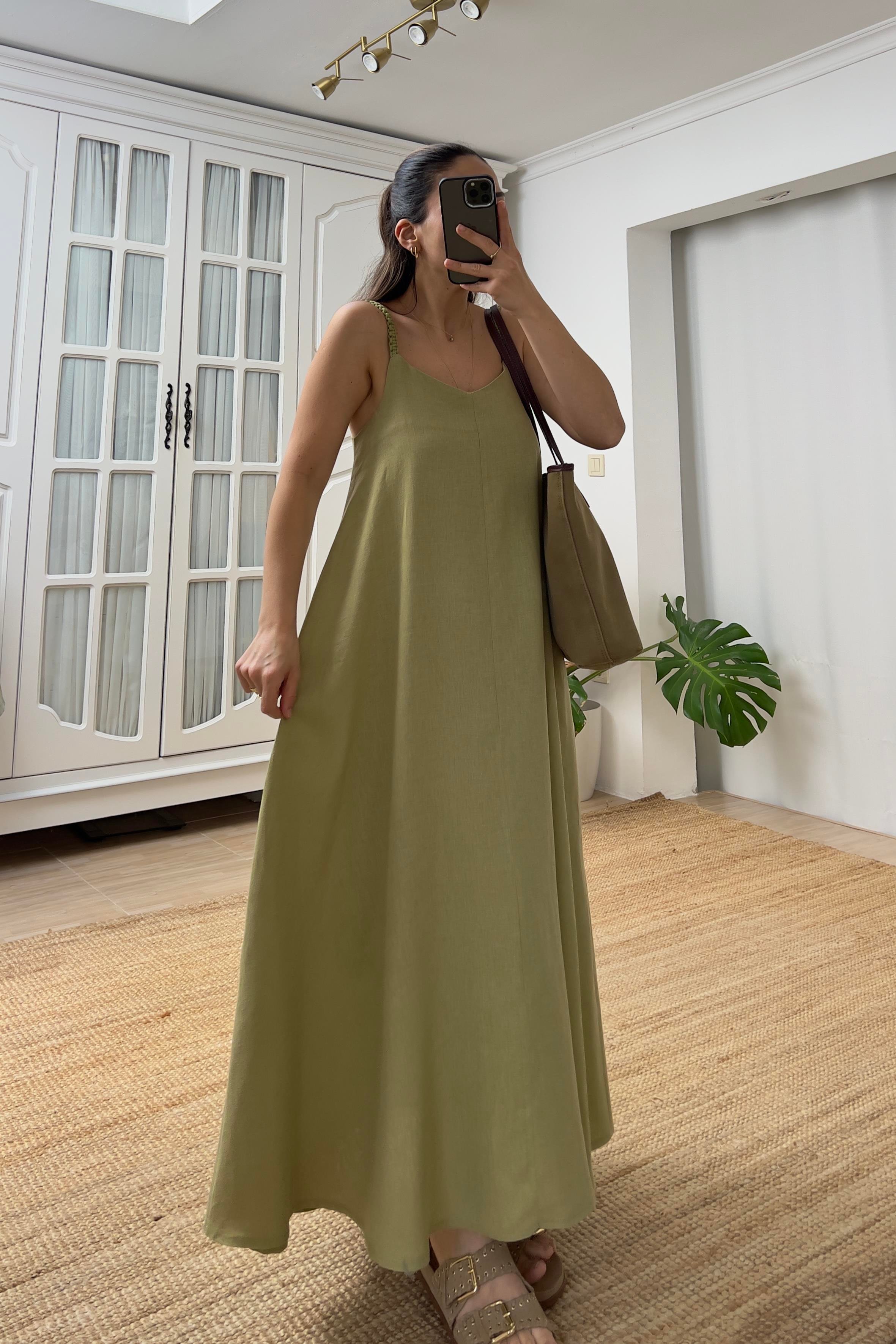 Yeşil Örgü Askı Detaylı Astarlı Keten Elbise uygun fiyatlarda www.butikhola.com adresinde