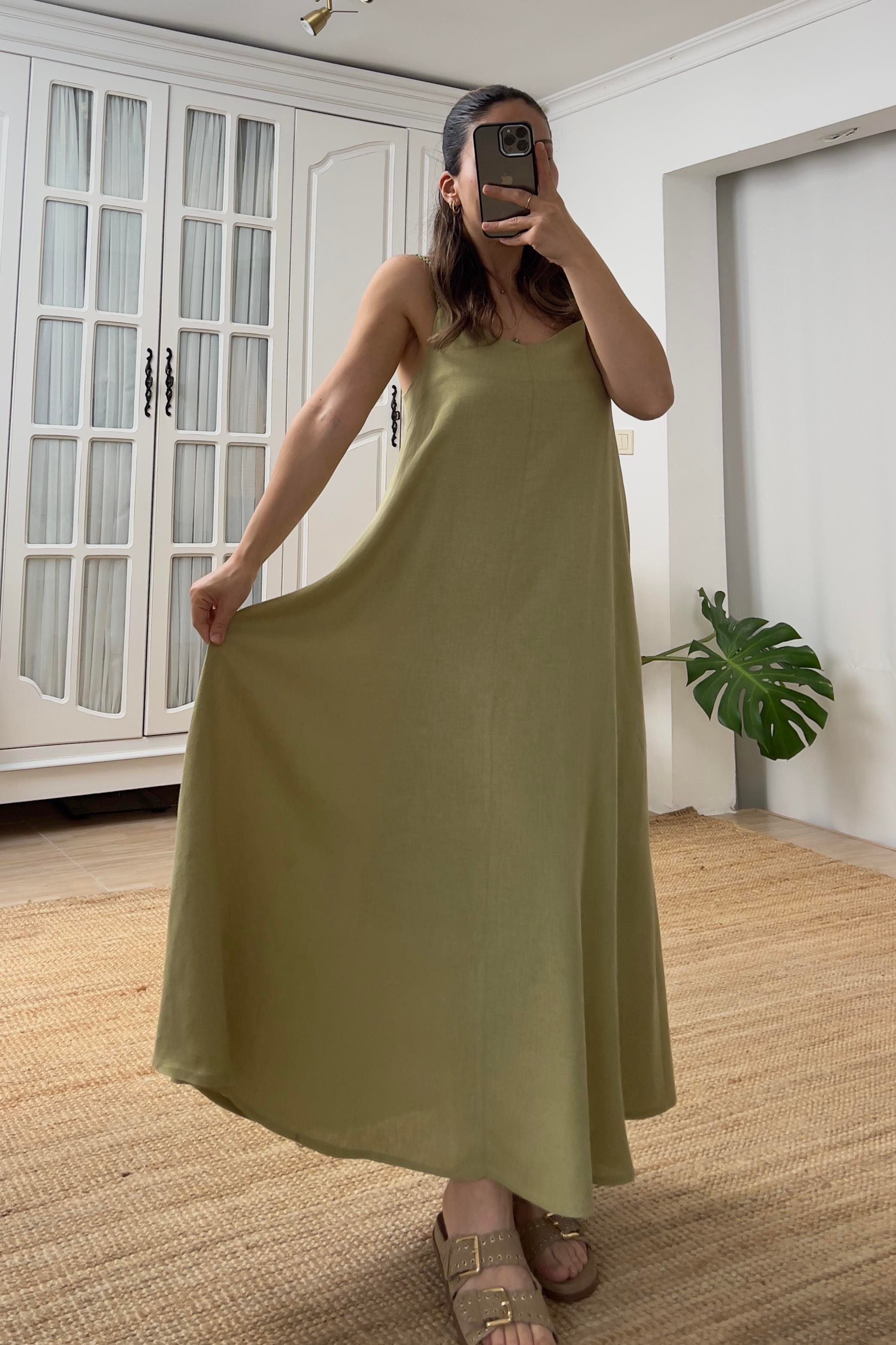 Yeşil Örgü Askı Detaylı Astarlı Keten Elbise uygun fiyatlarda www.butikhola.com adresinde