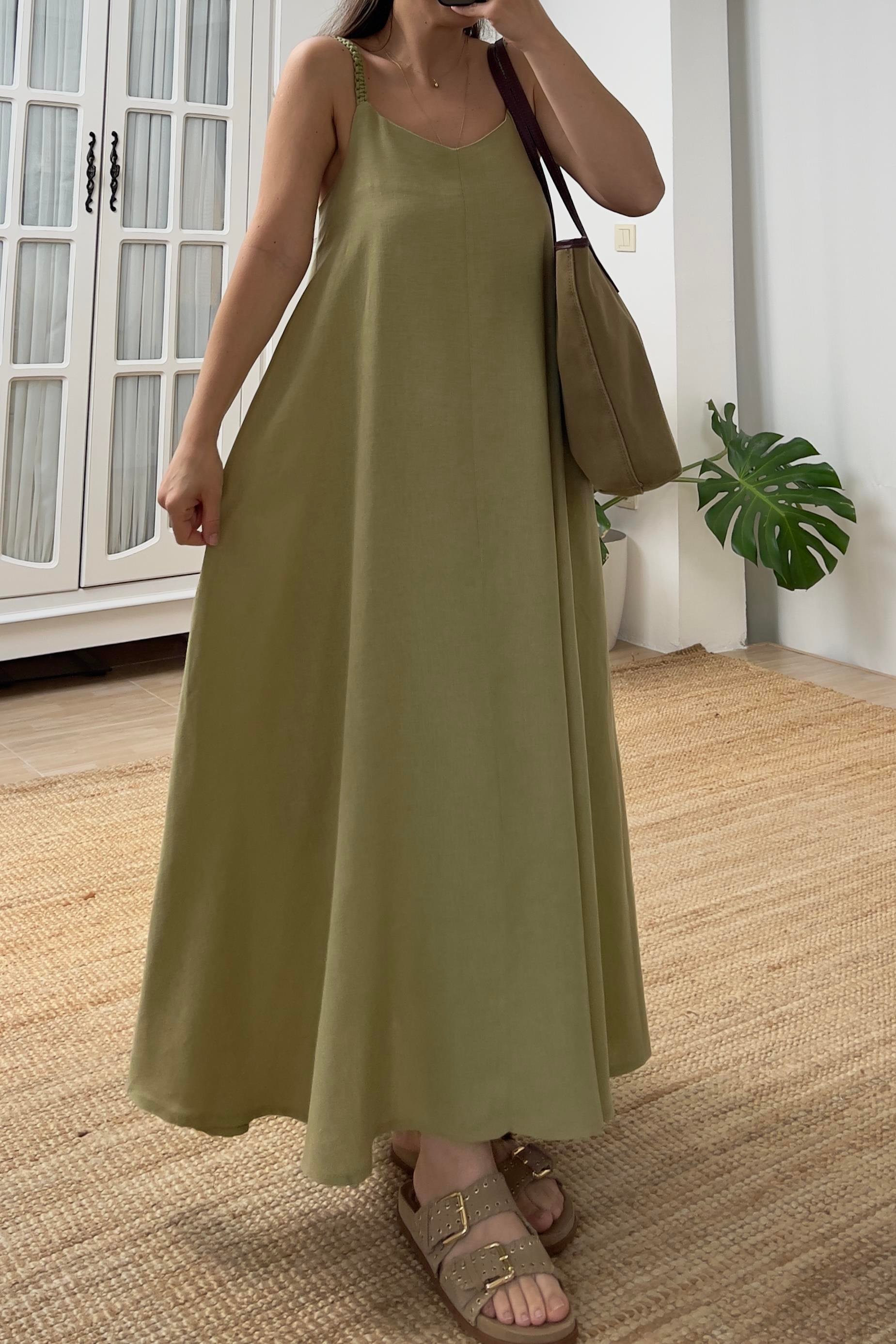 Yeşil Örgü Askı Detaylı Astarlı Keten Elbise uygun fiyatlarda www.butikhola.com adresinde