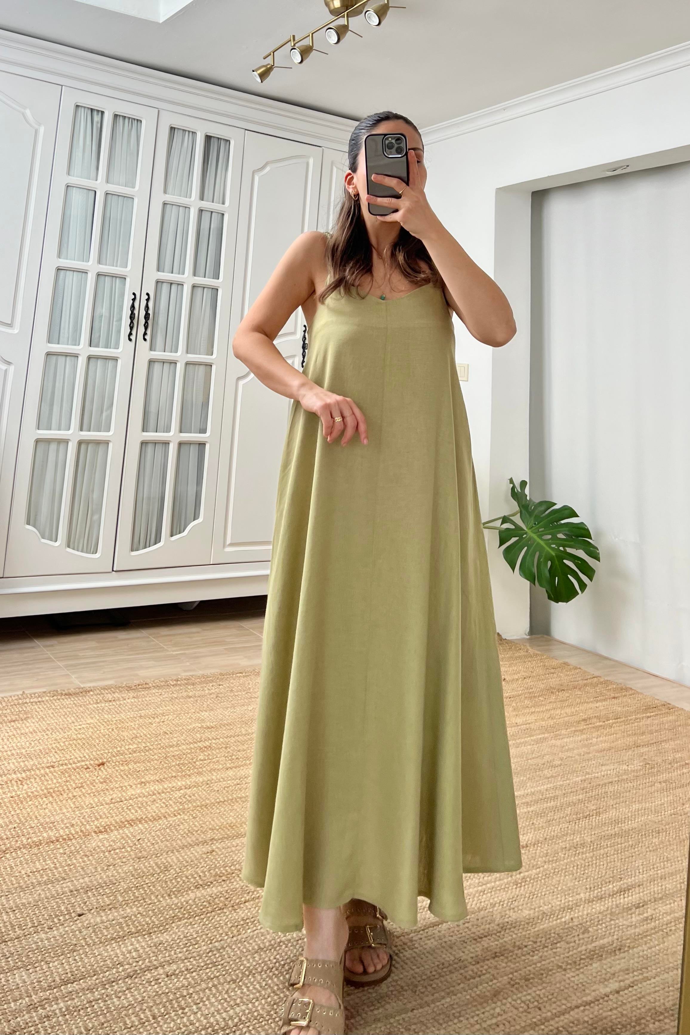 Yeşil Örgü Askı Detaylı Astarlı Keten Elbise uygun fiyatlarda www.butikhola.com adresinde