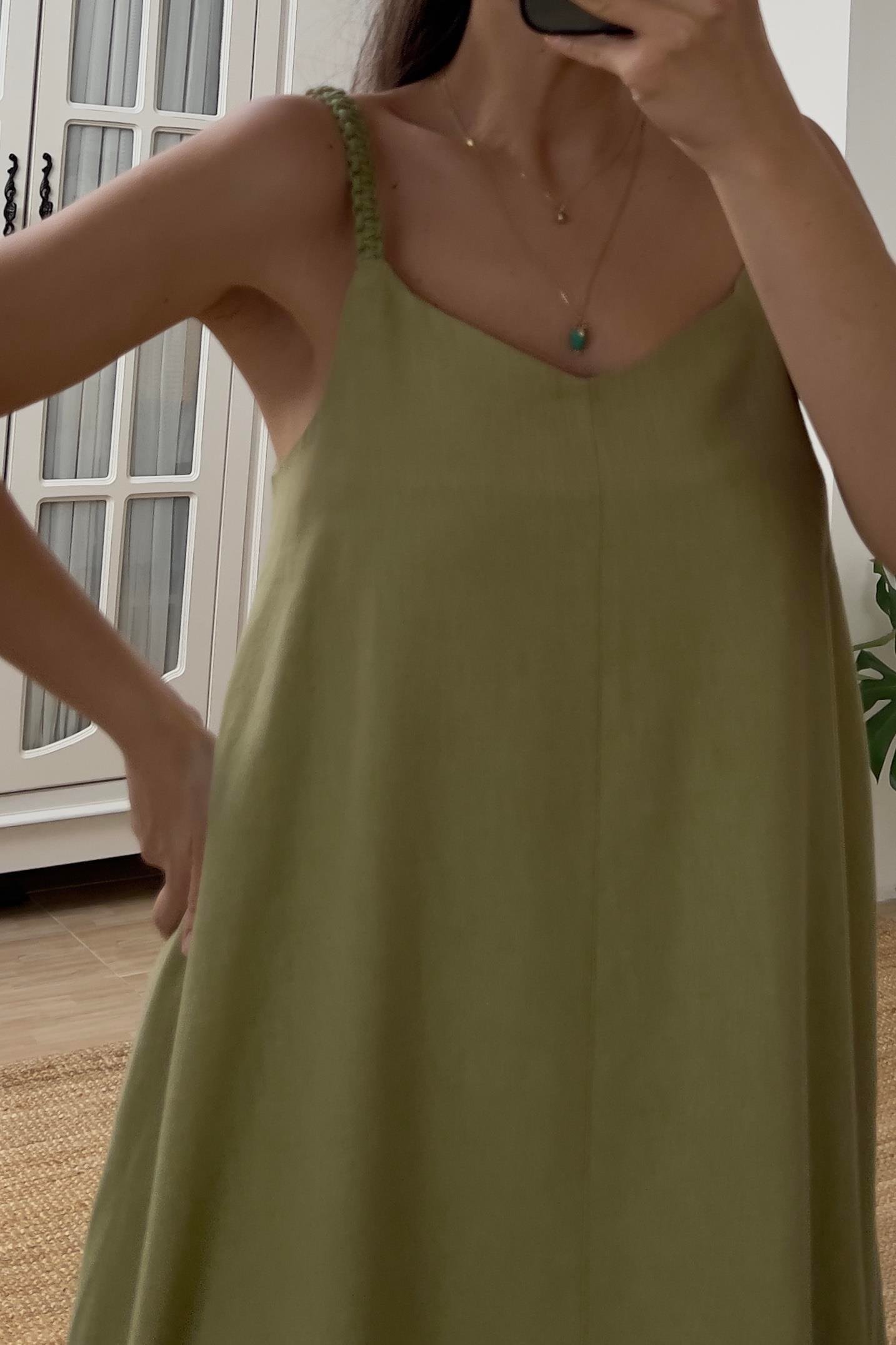 Yeşil Örgü Askı Detaylı Astarlı Keten Elbise uygun fiyatlarda www.butikhola.com adresinde
