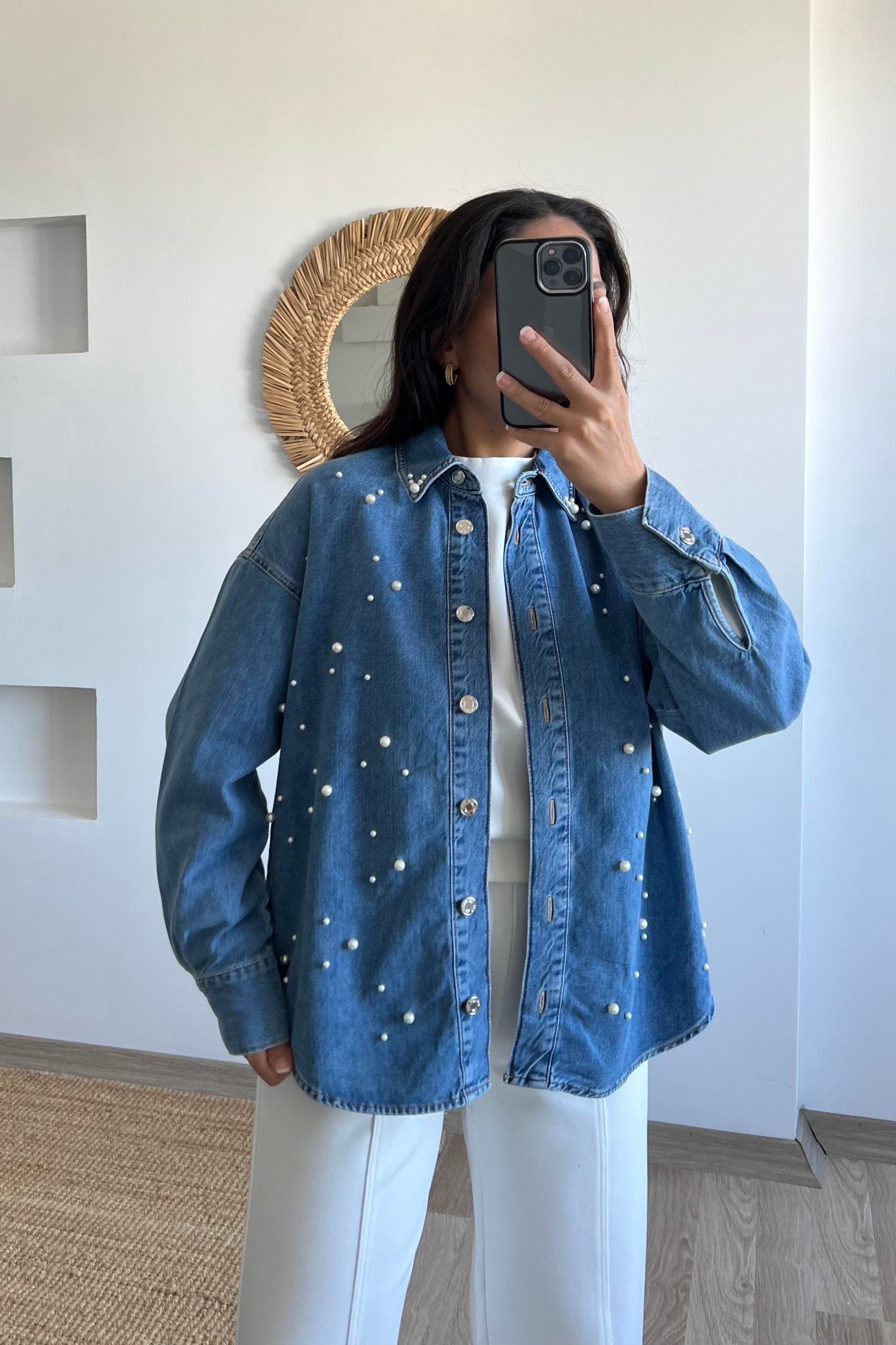 Zr İnci Detaylı Kot Gömlek uygun fiyatlarda www.butikhola.com adresinde