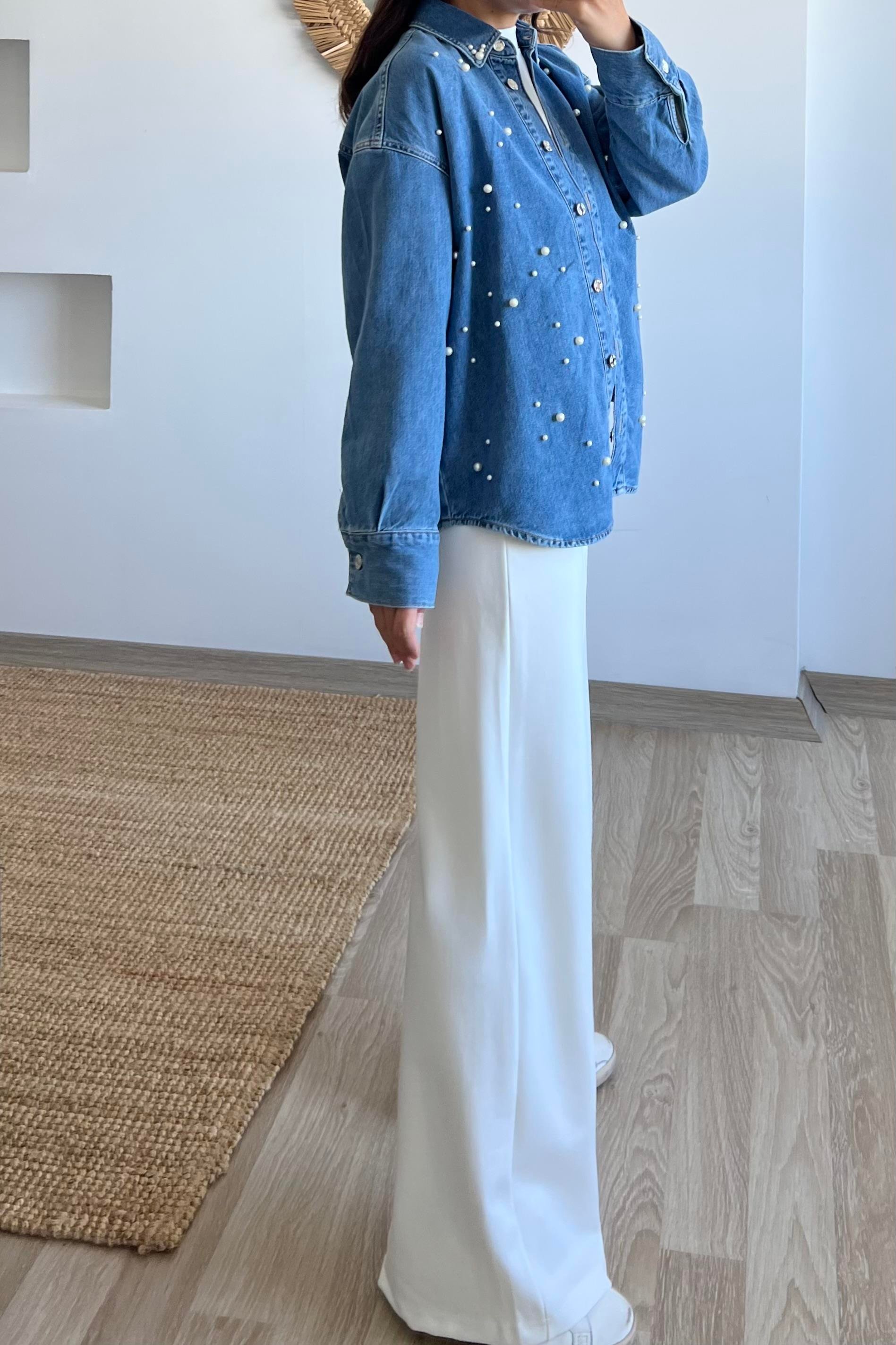 Zr İnci Detaylı Kot Gömlek uygun fiyatlarda www.butikhola.com adresinde
