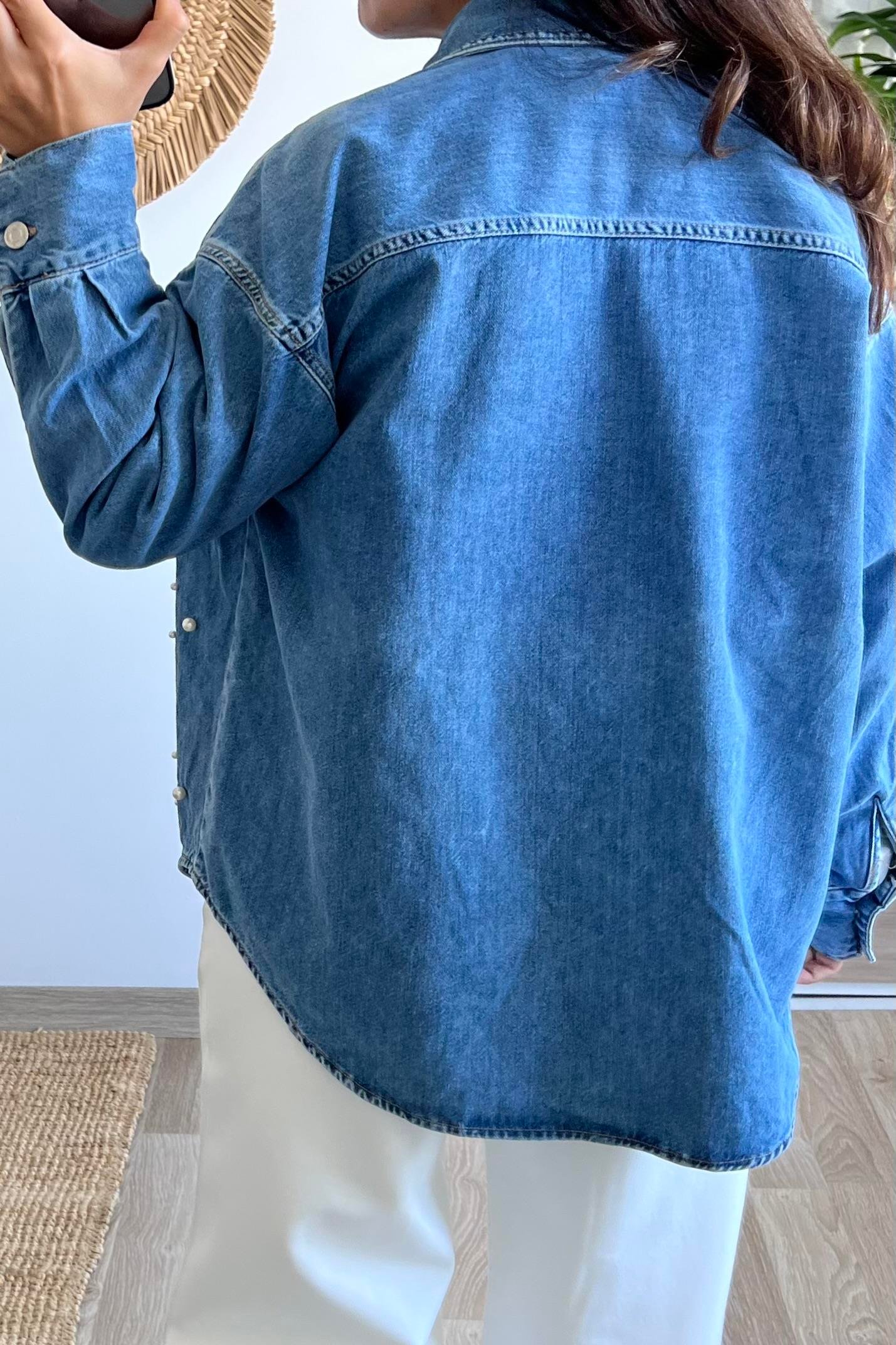 Zr İnci Detaylı Kot Gömlek uygun fiyatlarda www.butikhola.com adresinde
