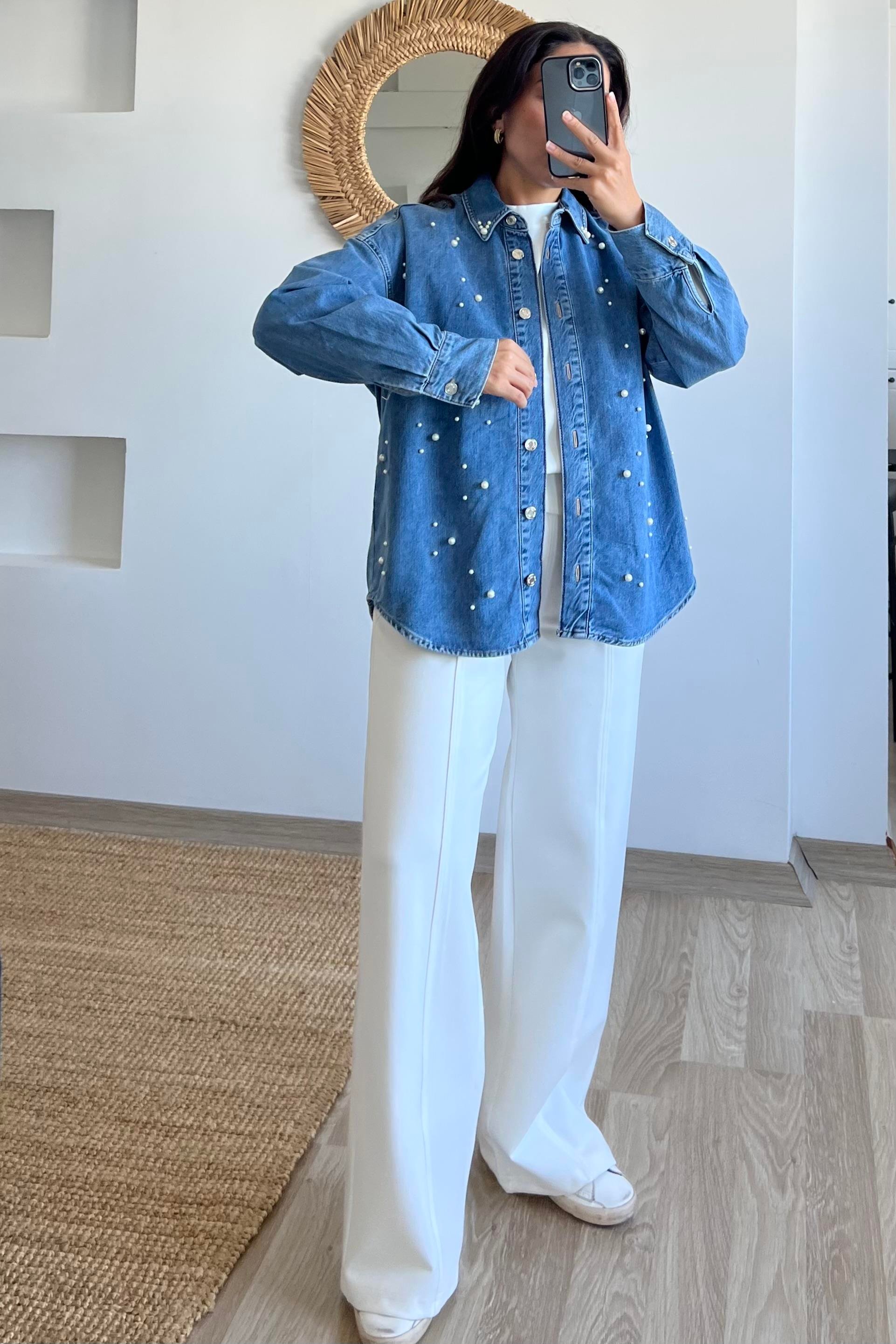Zr İnci Detaylı Kot Gömlek uygun fiyatlarda www.butikhola.com adresinde