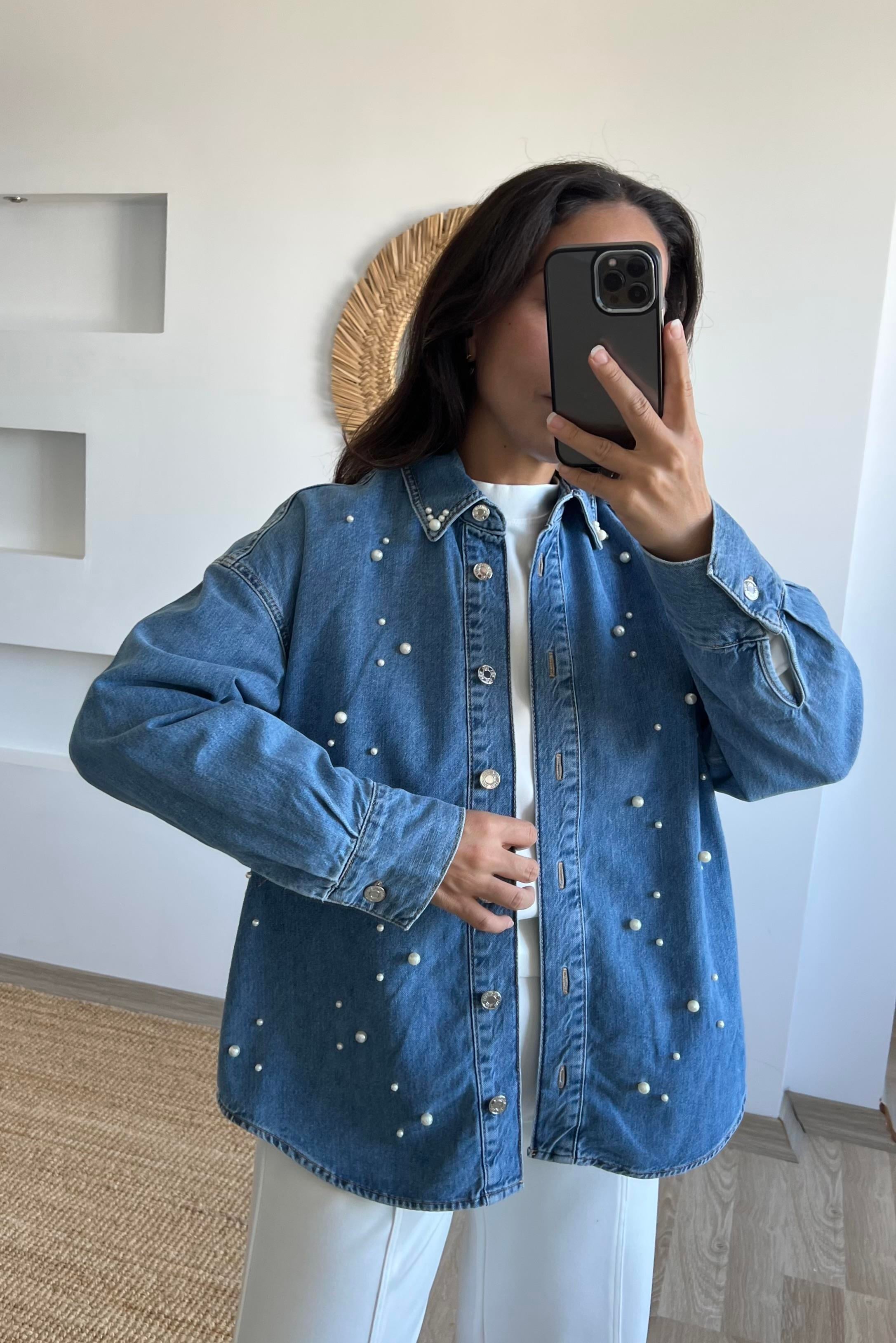 Zr İnci Detaylı Kot Gömlek uygun fiyatlarda www.butikhola.com adresinde