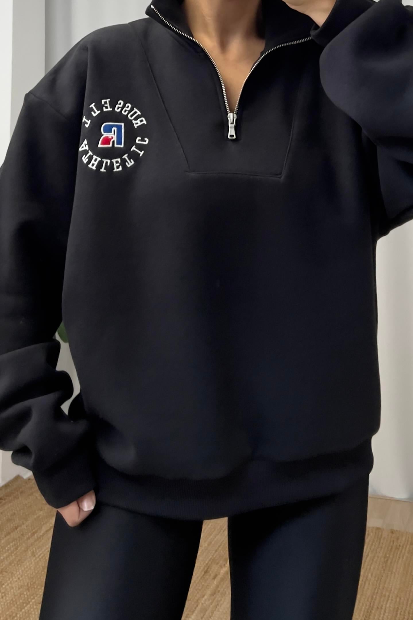 Zr Siyah Yakası Fermuarlı Oversize Sweatshirt uygun fiyatlarda www.butikhola.com adresinde