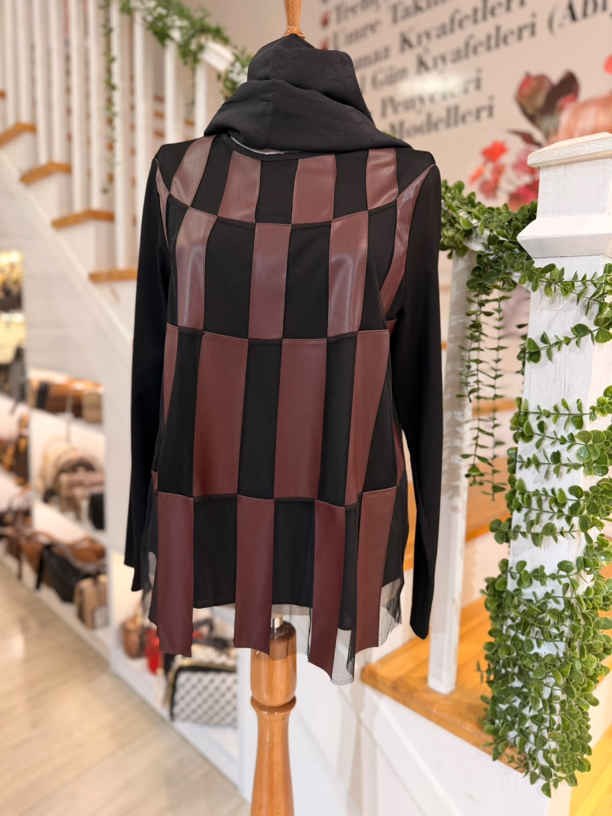 26K135  TÜLLÜ BORDO DAMA DERİ DETAY BLUZ