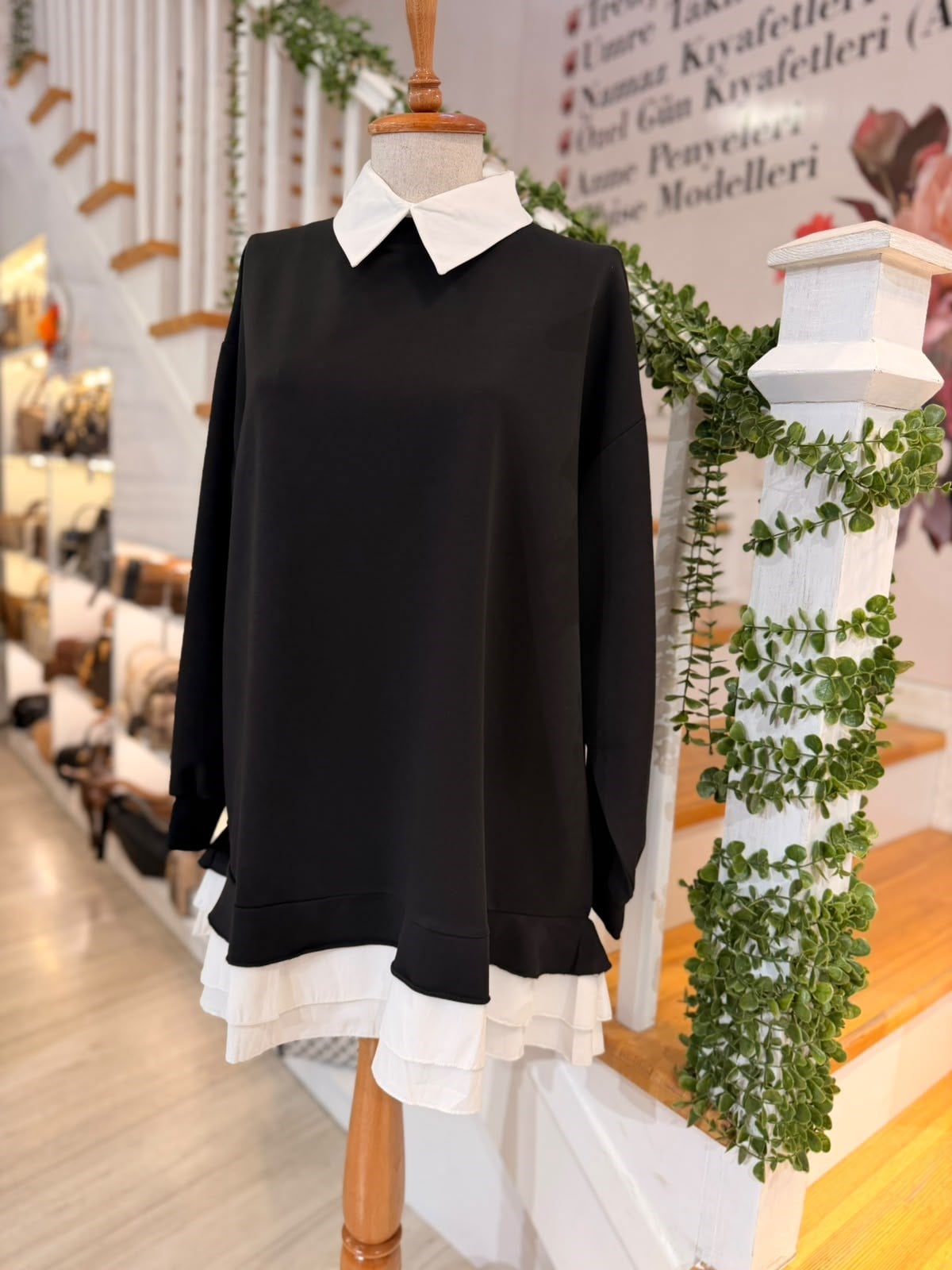 3567 SİYAH GÖMLEK YAKALI FIRFIRLI SWEATSHIRT