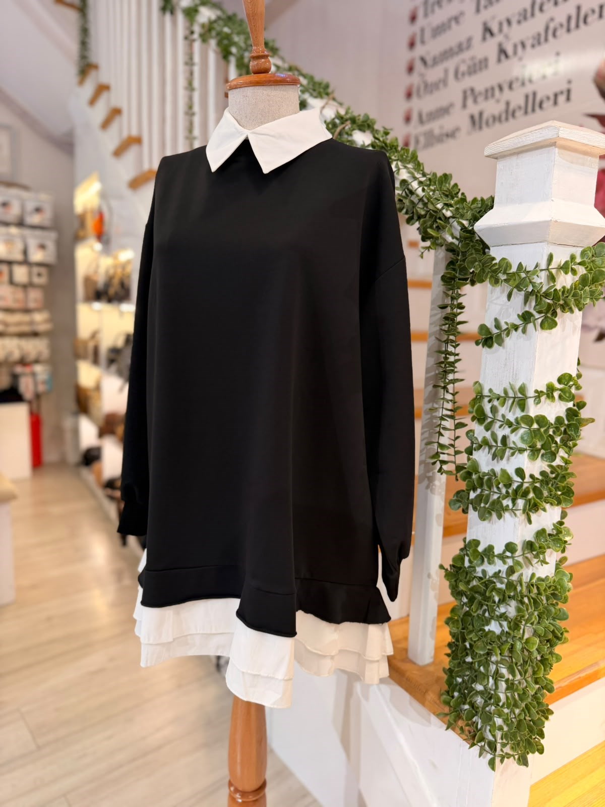 3567 SİYAH GÖMLEK YAKALI FIRFIRLI SWEATSHIRT