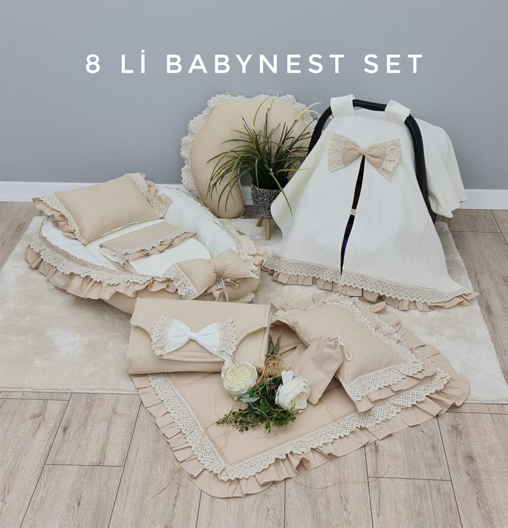 KREM VE BEJ KOMBİNLİ DANTELLİ FIRFIRLI  BABYNEST 8 Lİ SET 