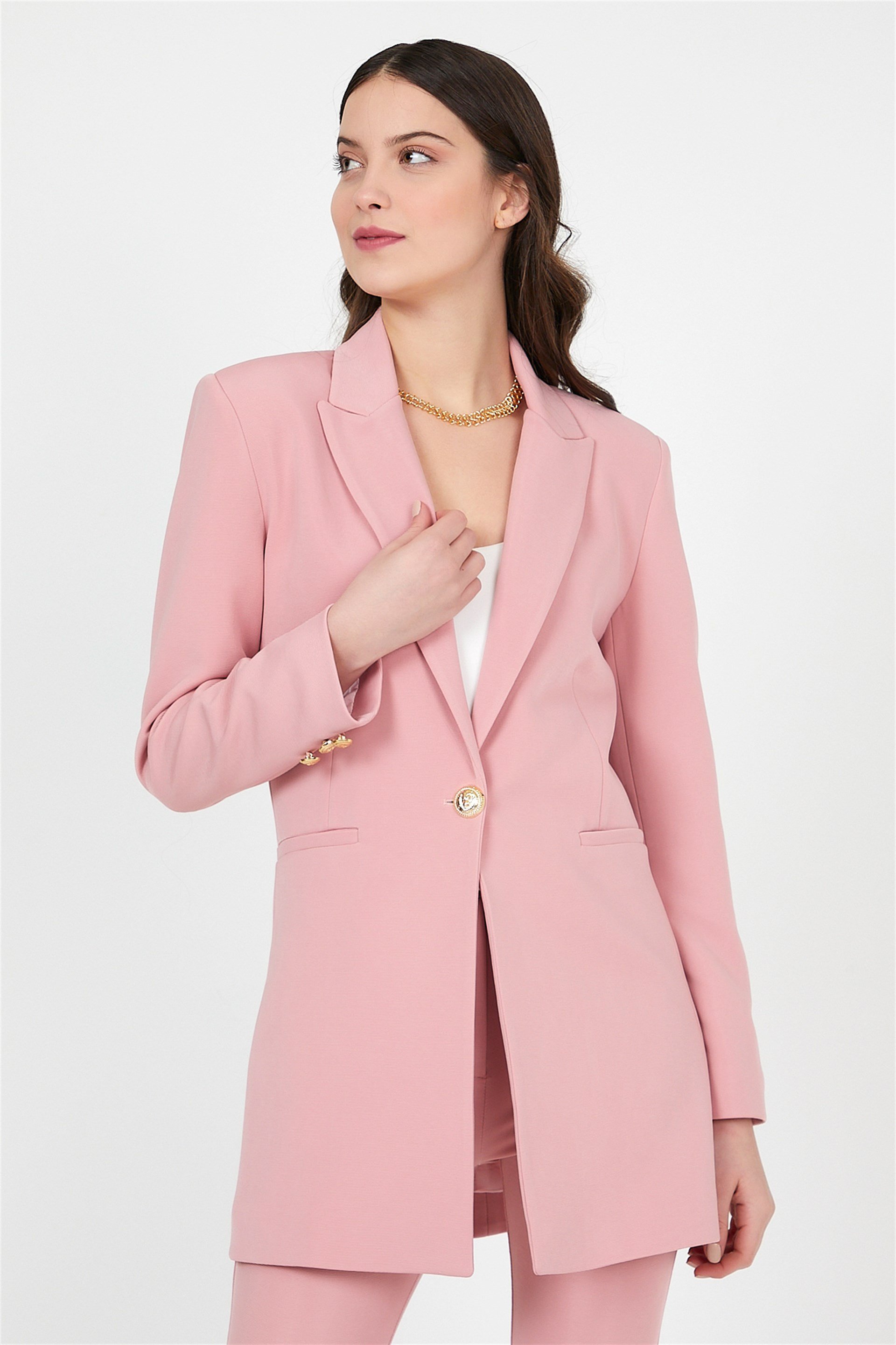 Kadın Düğme Detaylı Pudra Blazer Ceket