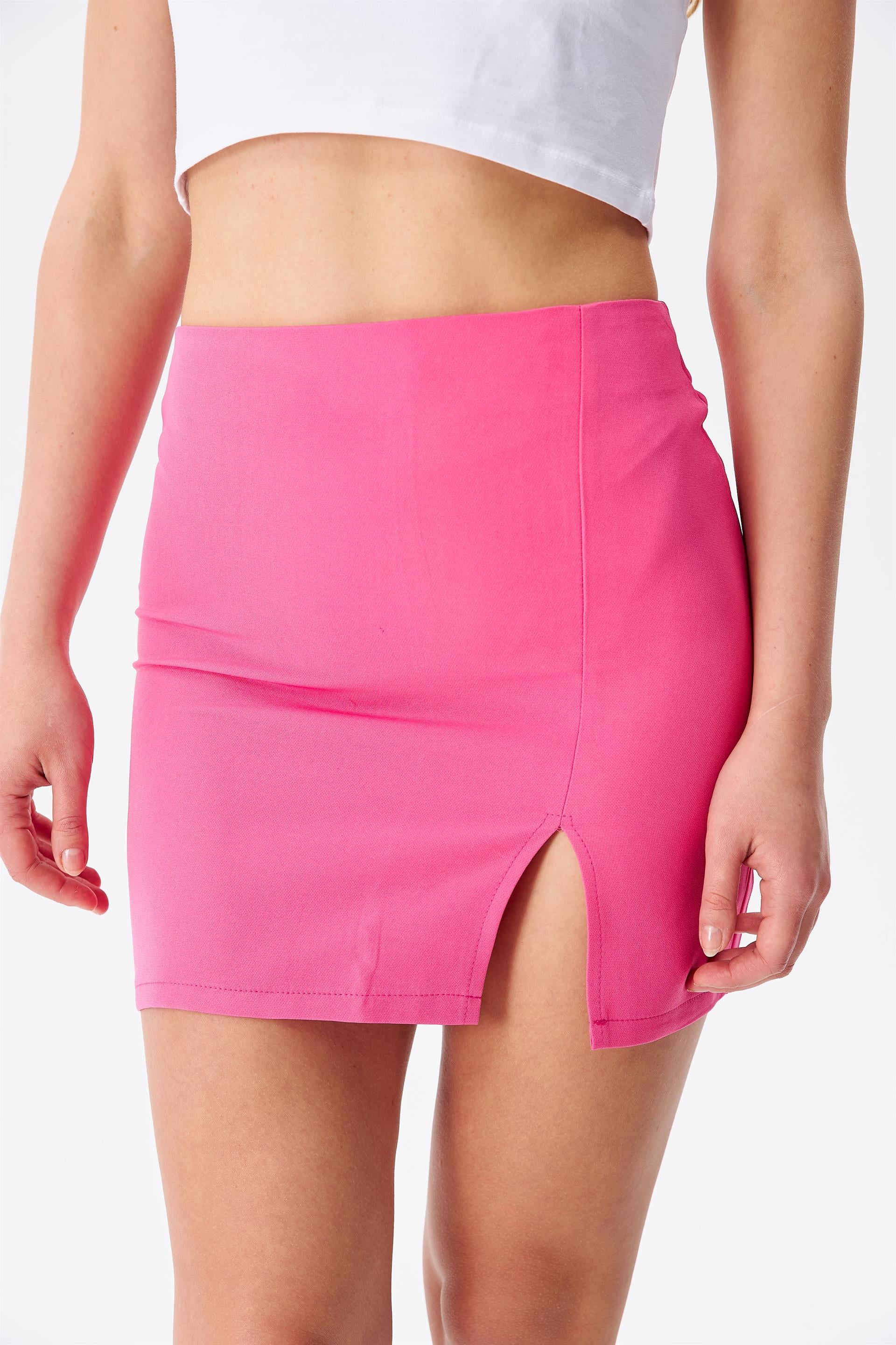 Kadın Yırtmaçlı Pembe Mini Etek