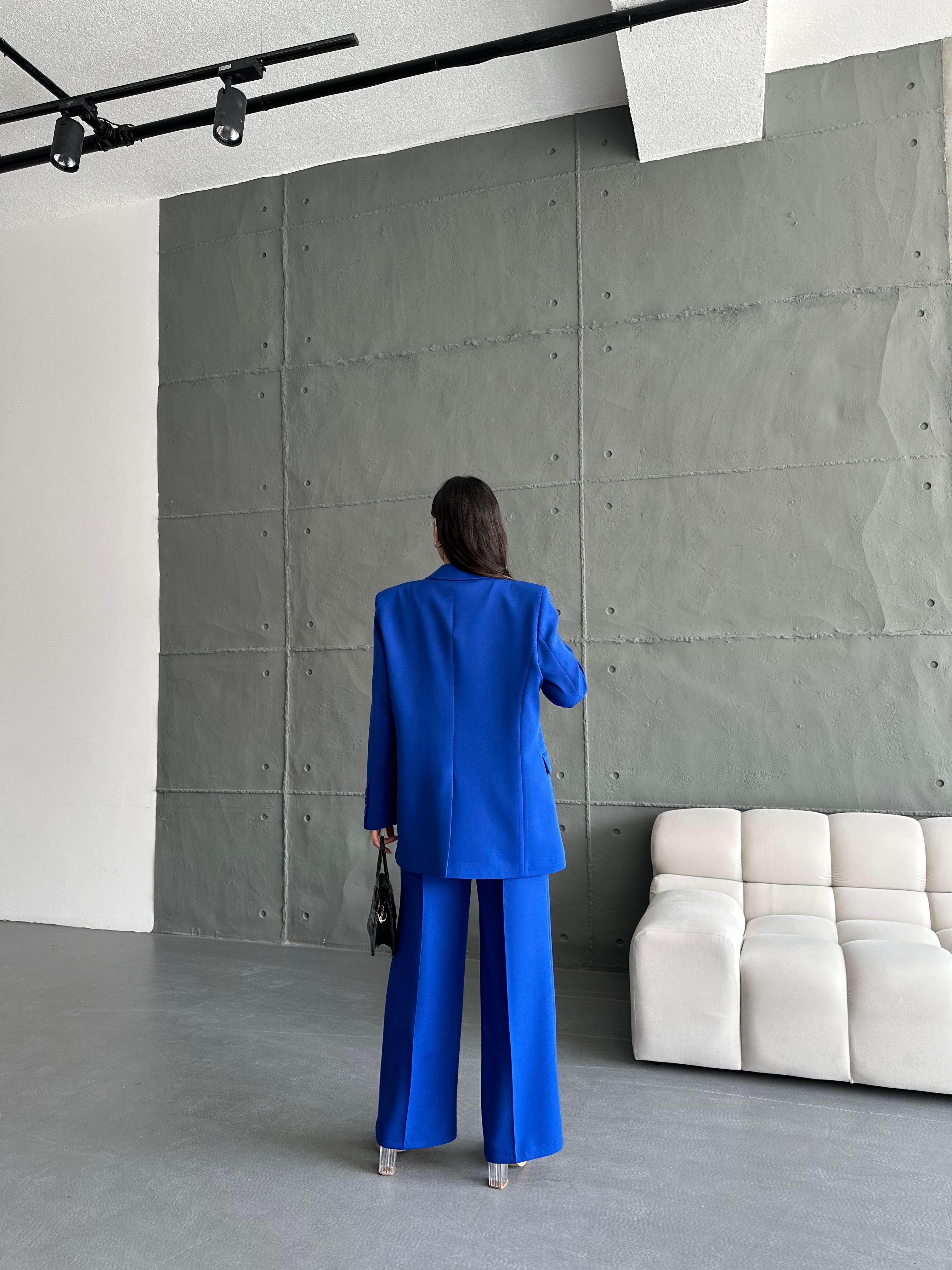 Saks Mavi Blazer Ceket Yelek Pantolon Takım