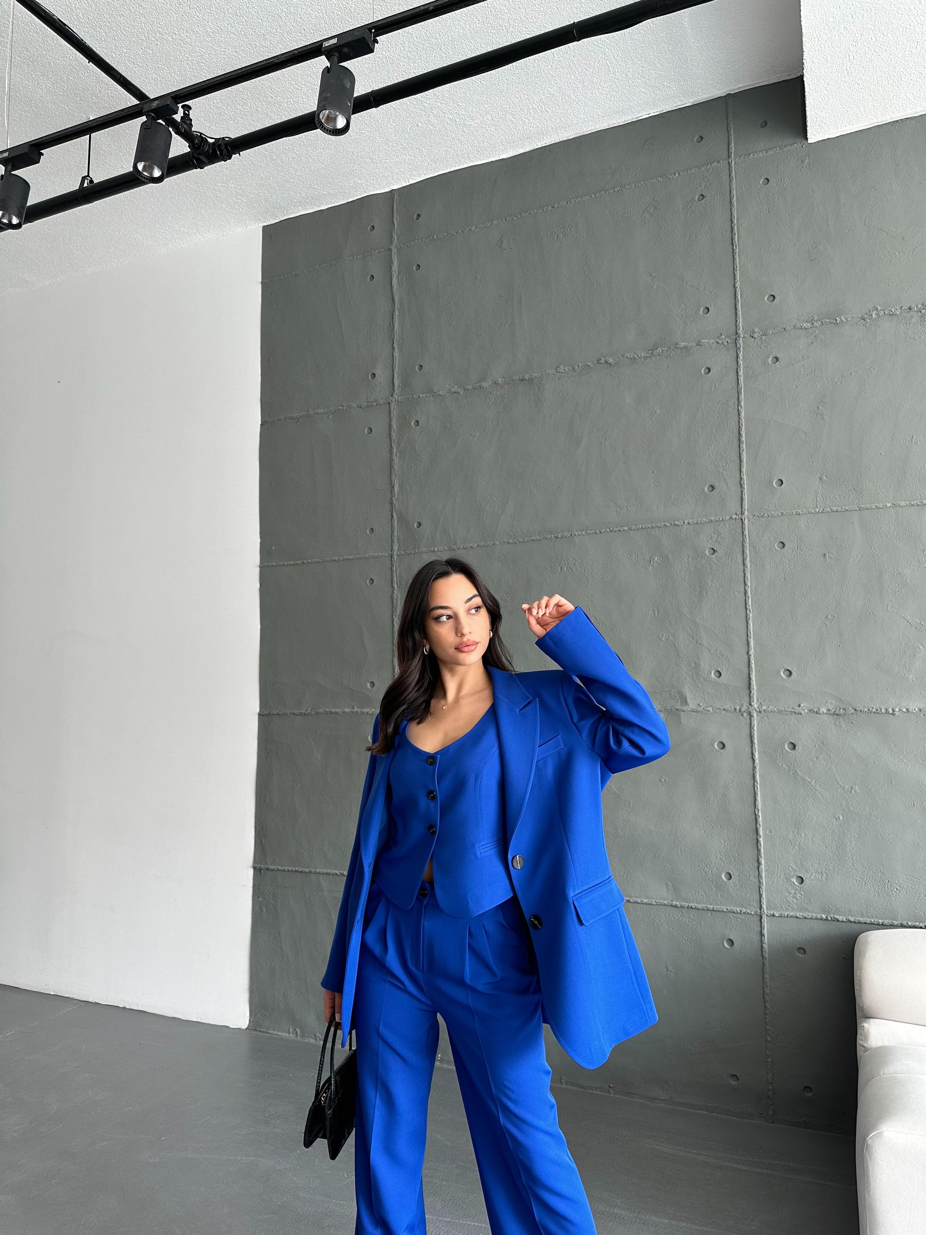Saks Mavi Blazer Ceket Yelek Pantolon Takım