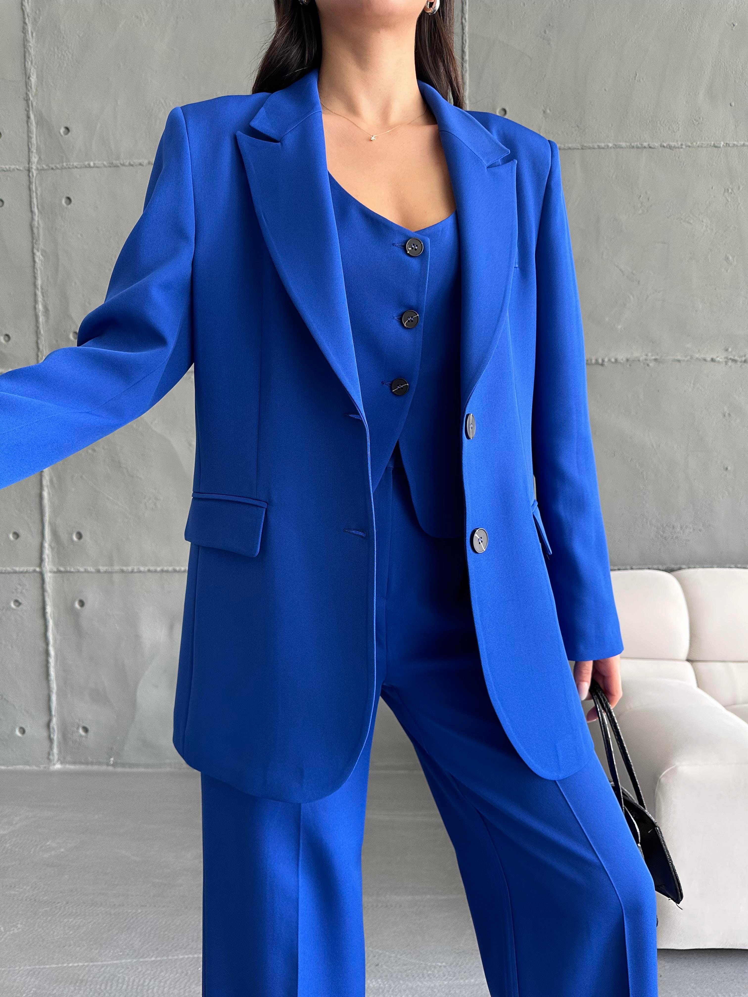 Saks Mavi Blazer Ceket Yelek Pantolon Takım