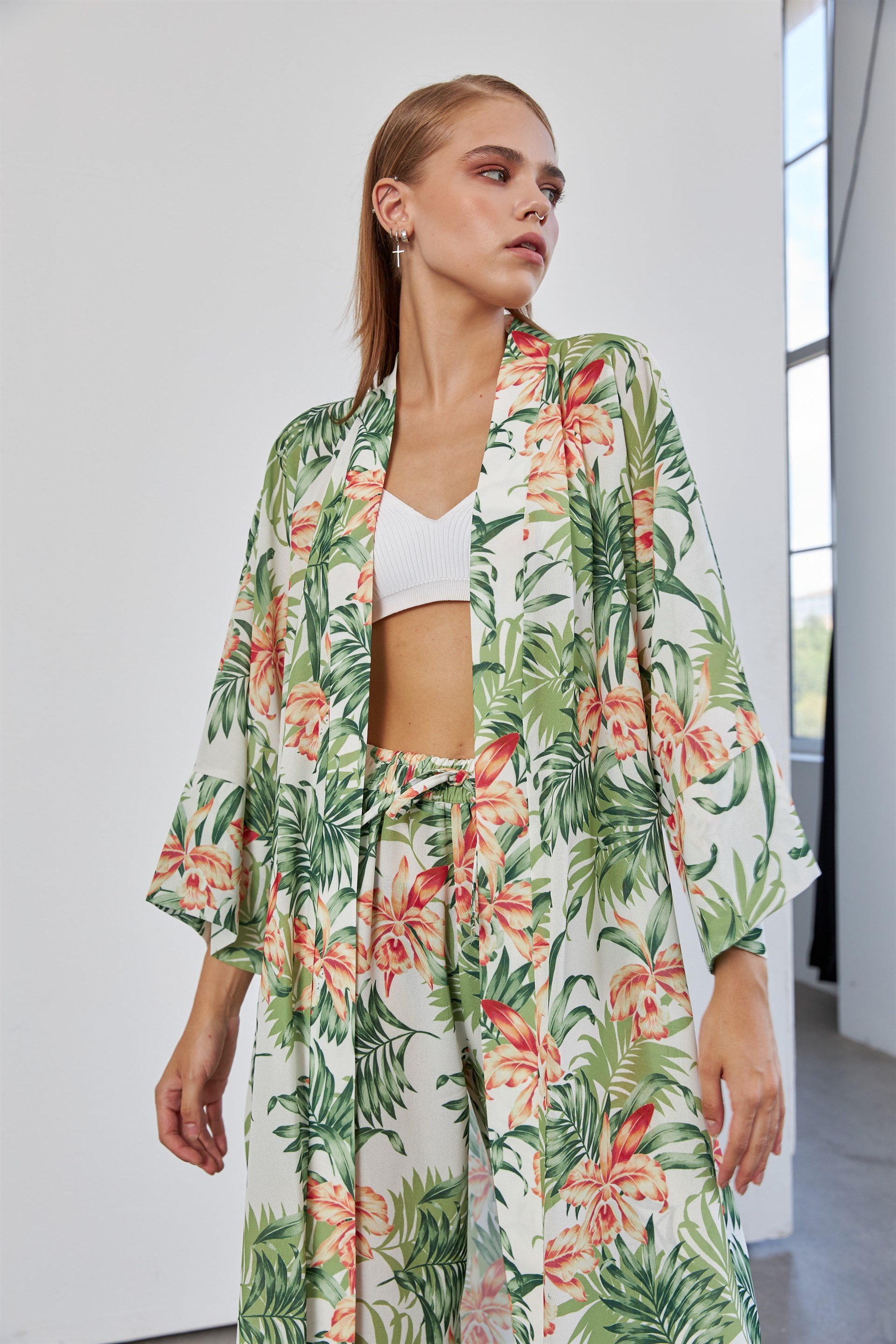 Yeşil Yaprak Desenli Kimono Takım