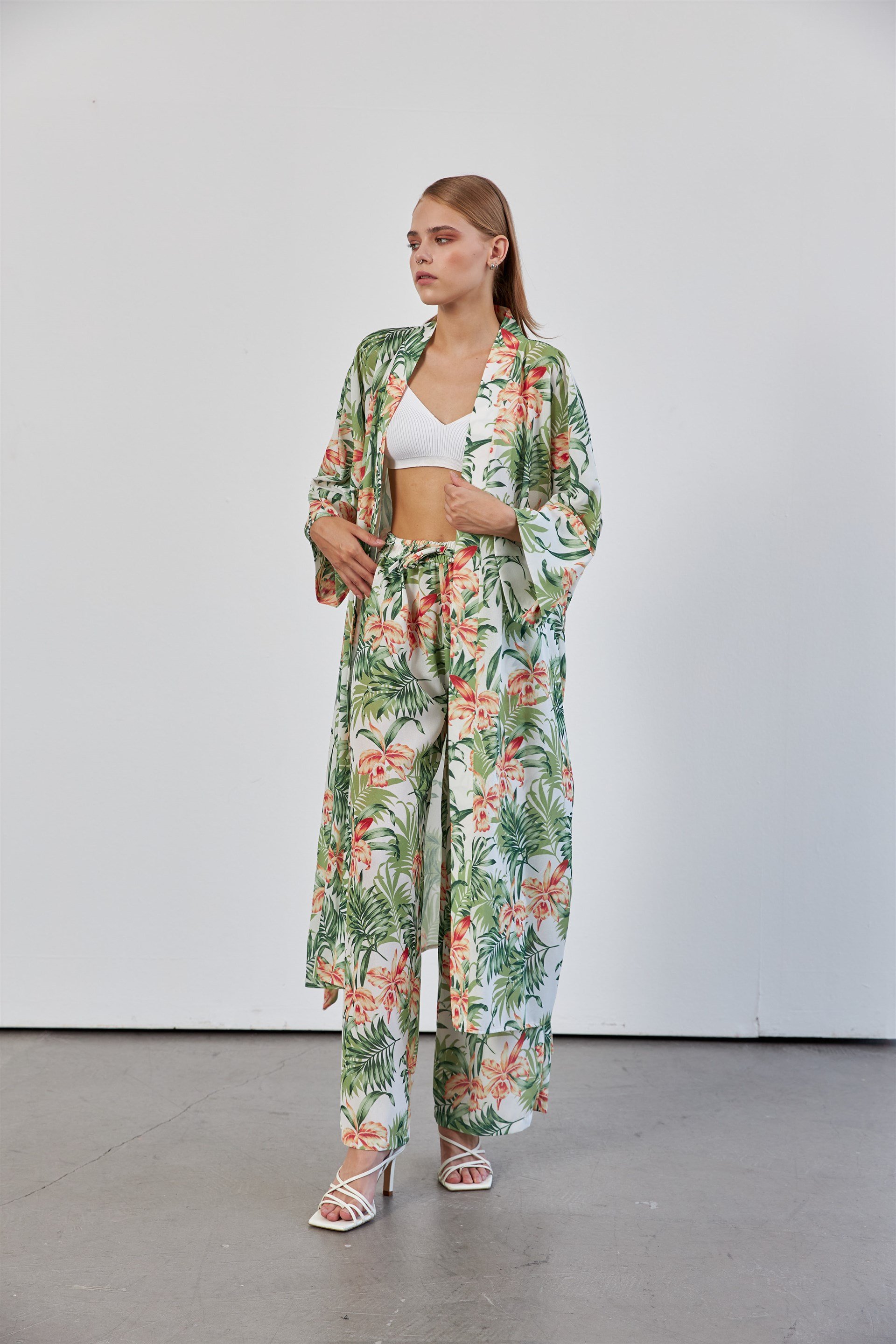 Yeşil Yaprak Desenli Kimono Takım