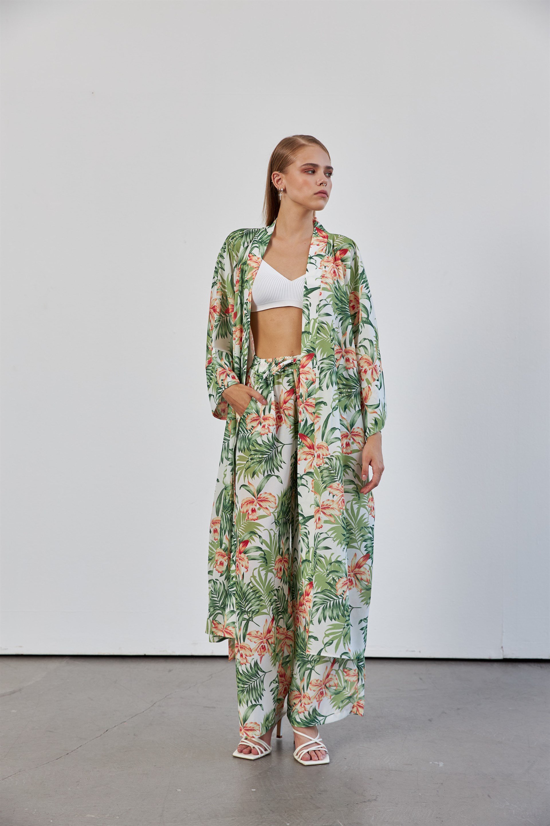 Yeşil Yaprak Desenli Kimono Takım