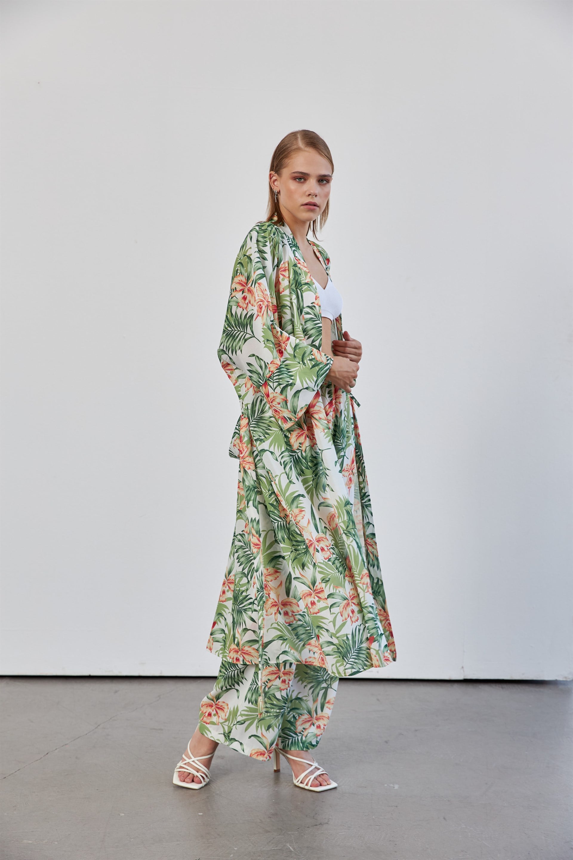 Yeşil Yaprak Desenli Kimono Takım