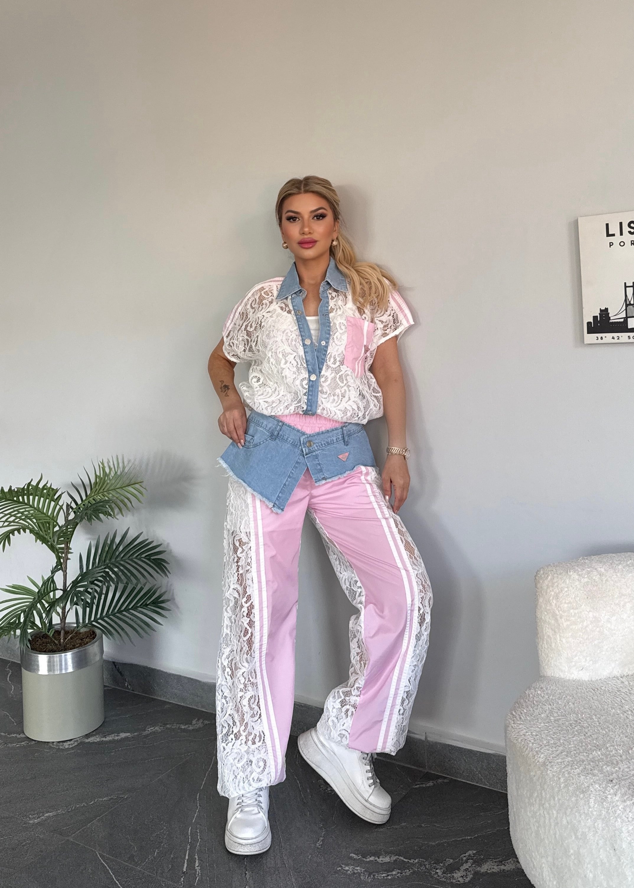    Luna Denim Dantel Takım Pembe 