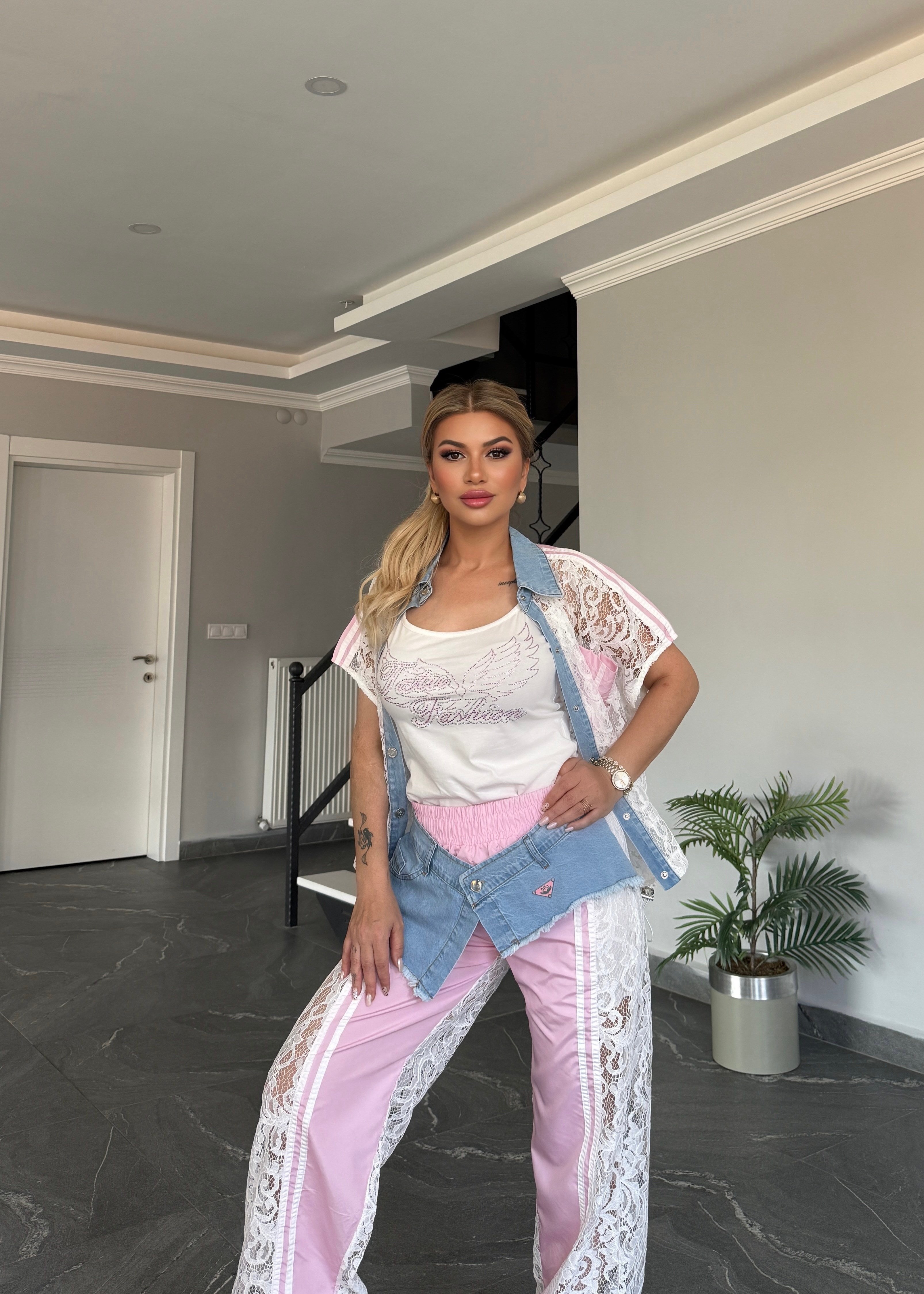     Luna Denim Dantel Takım Pembe 