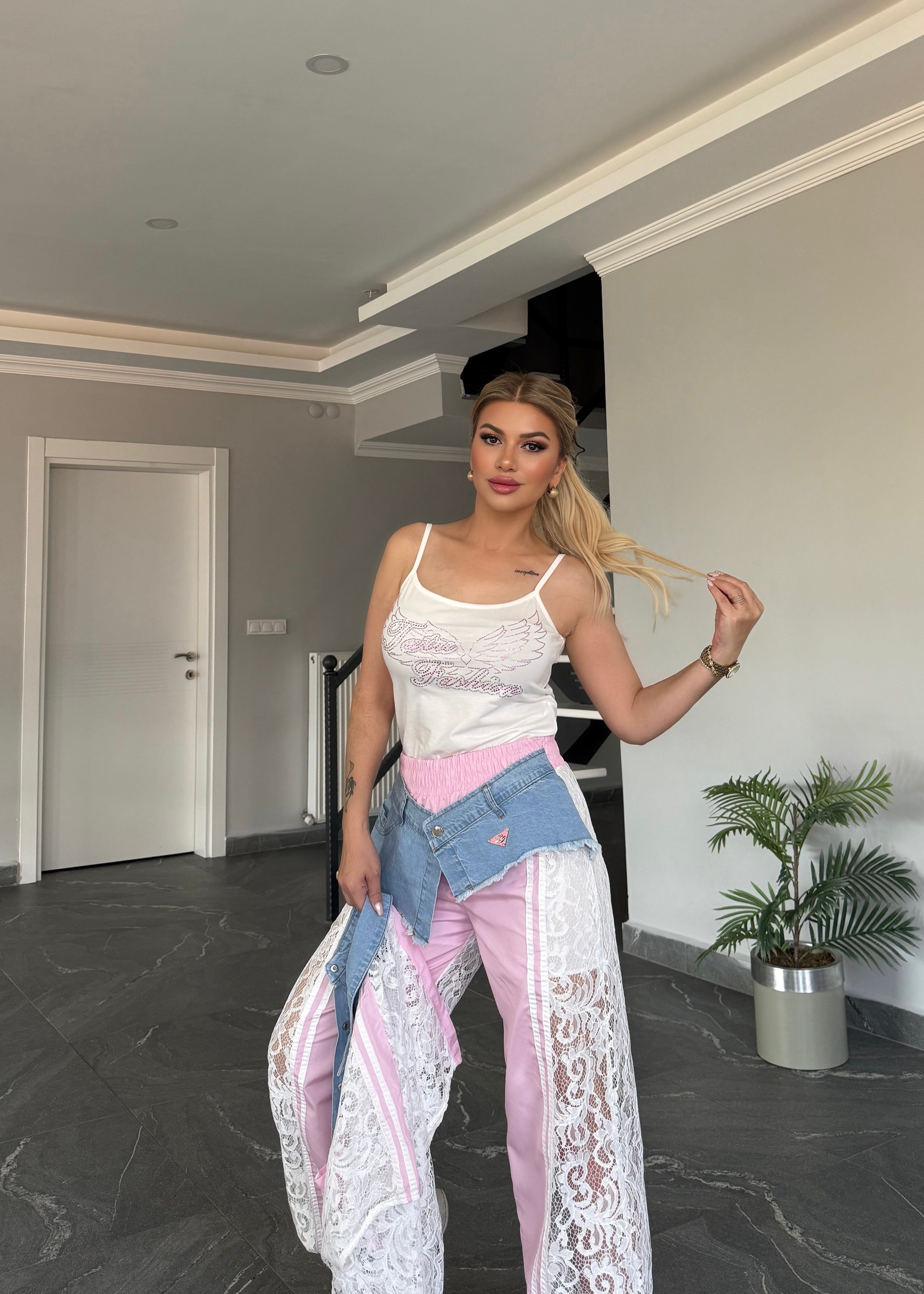    Luna Denim Dantel Takım Pembe 