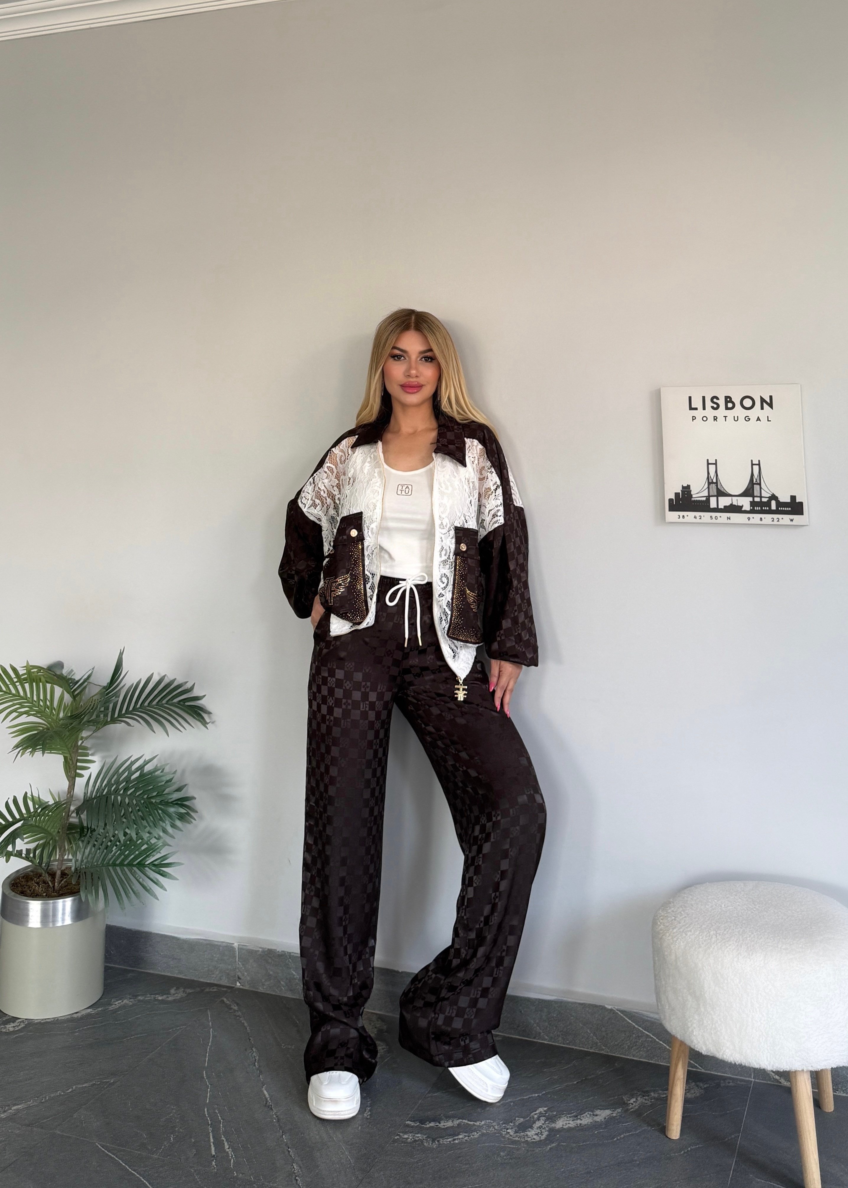 3 lü dantelli saten takım acı kahve 