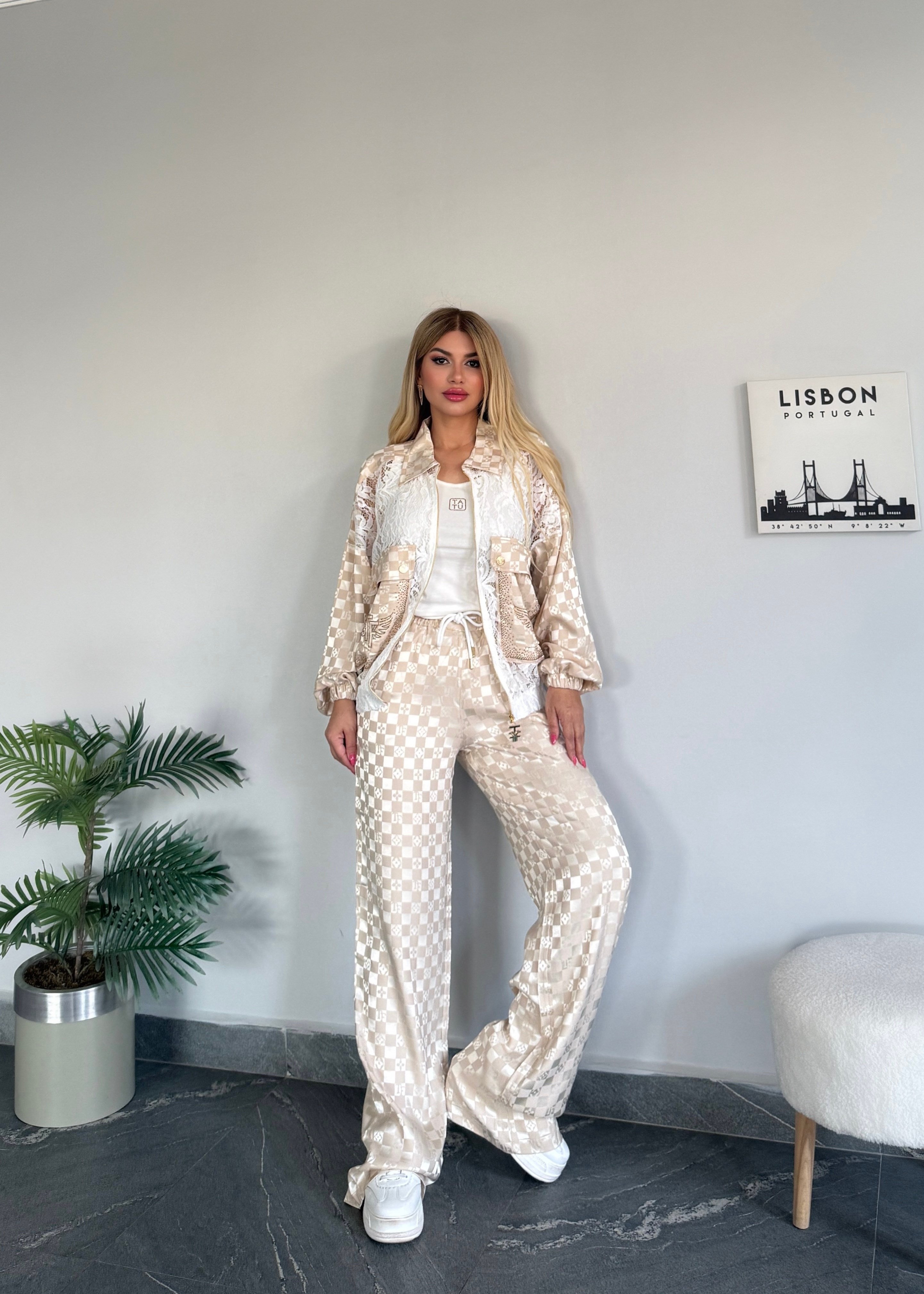 3 lü dantelli saten takım krem 