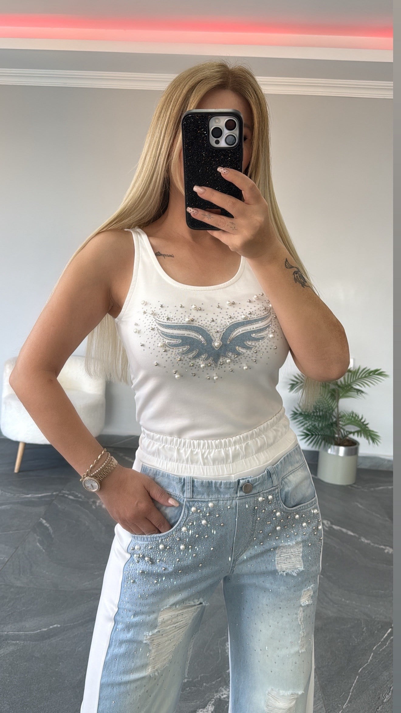 Angel Taşlı Takım Beyaz 