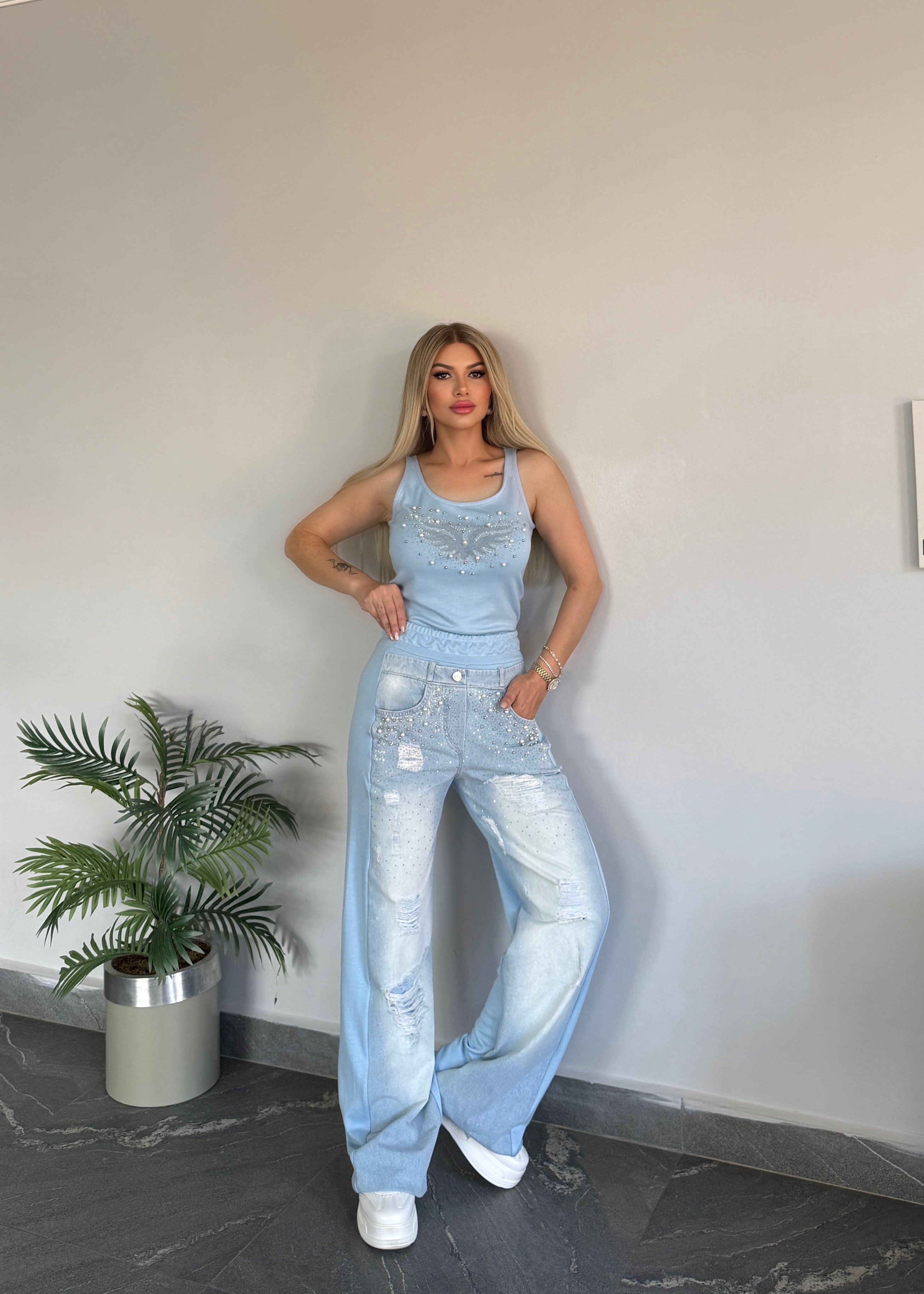 Angel Taşlı Takım Mavi 