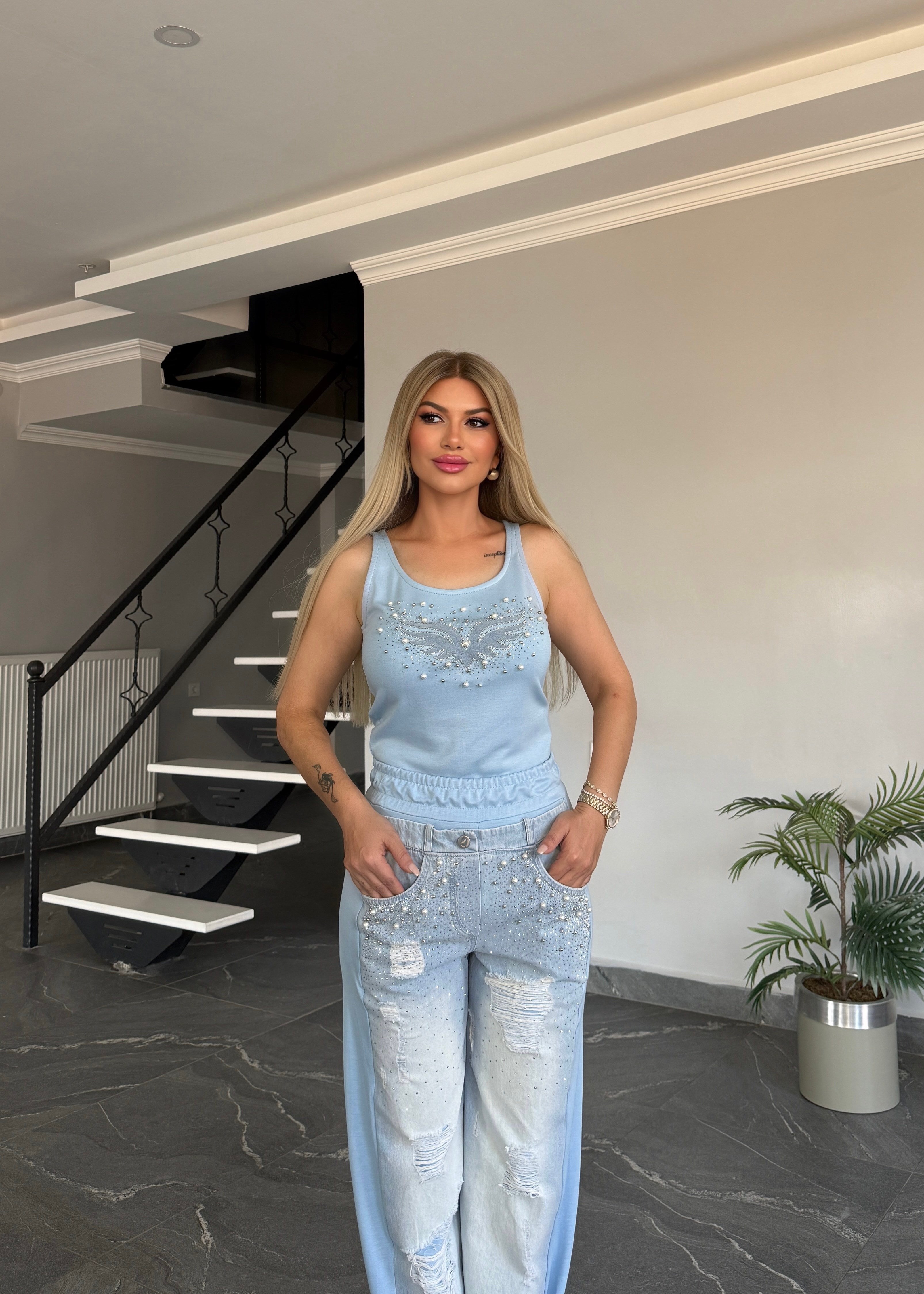 Angel Taşlı Takım Mavi 