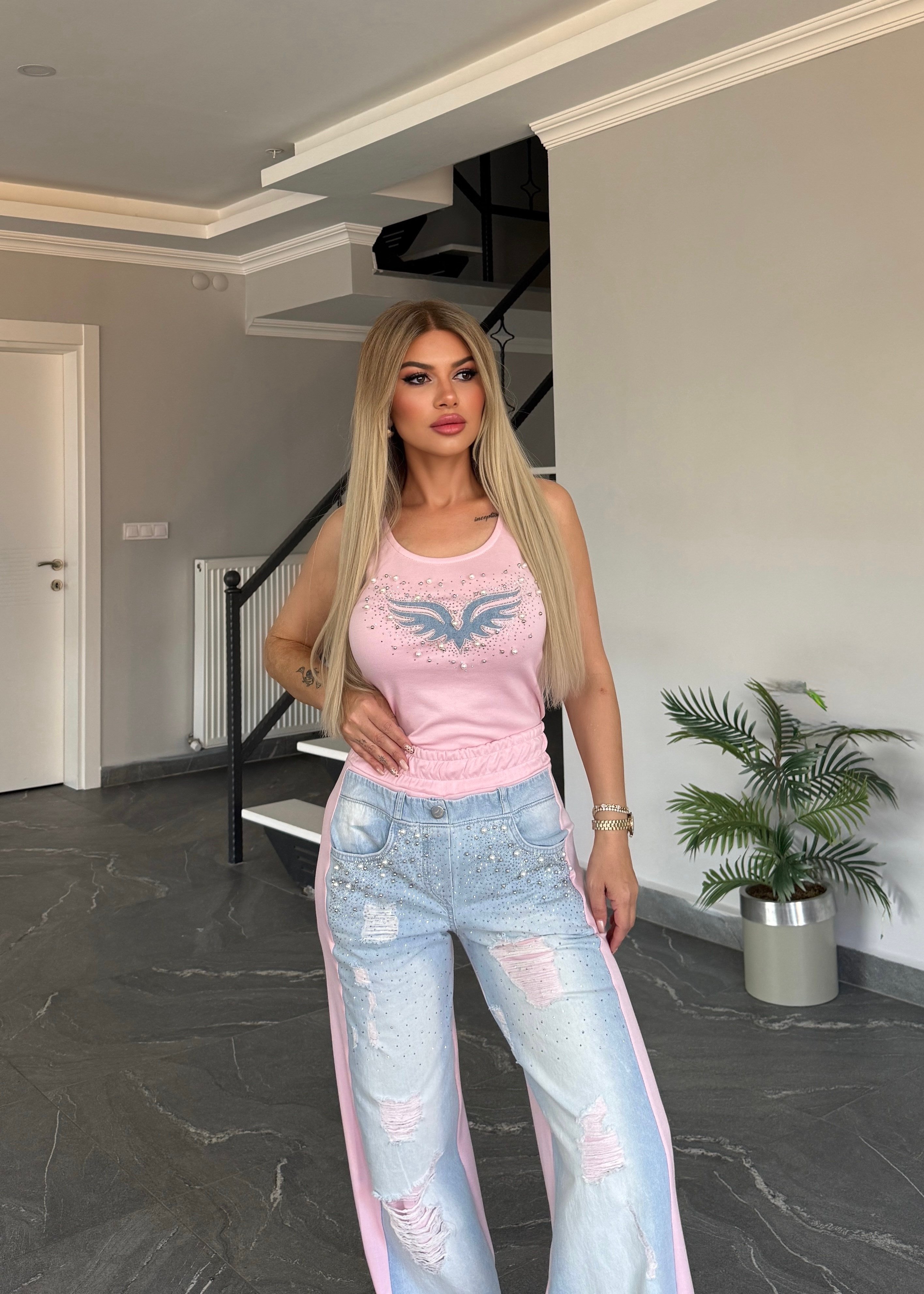 Angel Taşlı Takım Pembe  