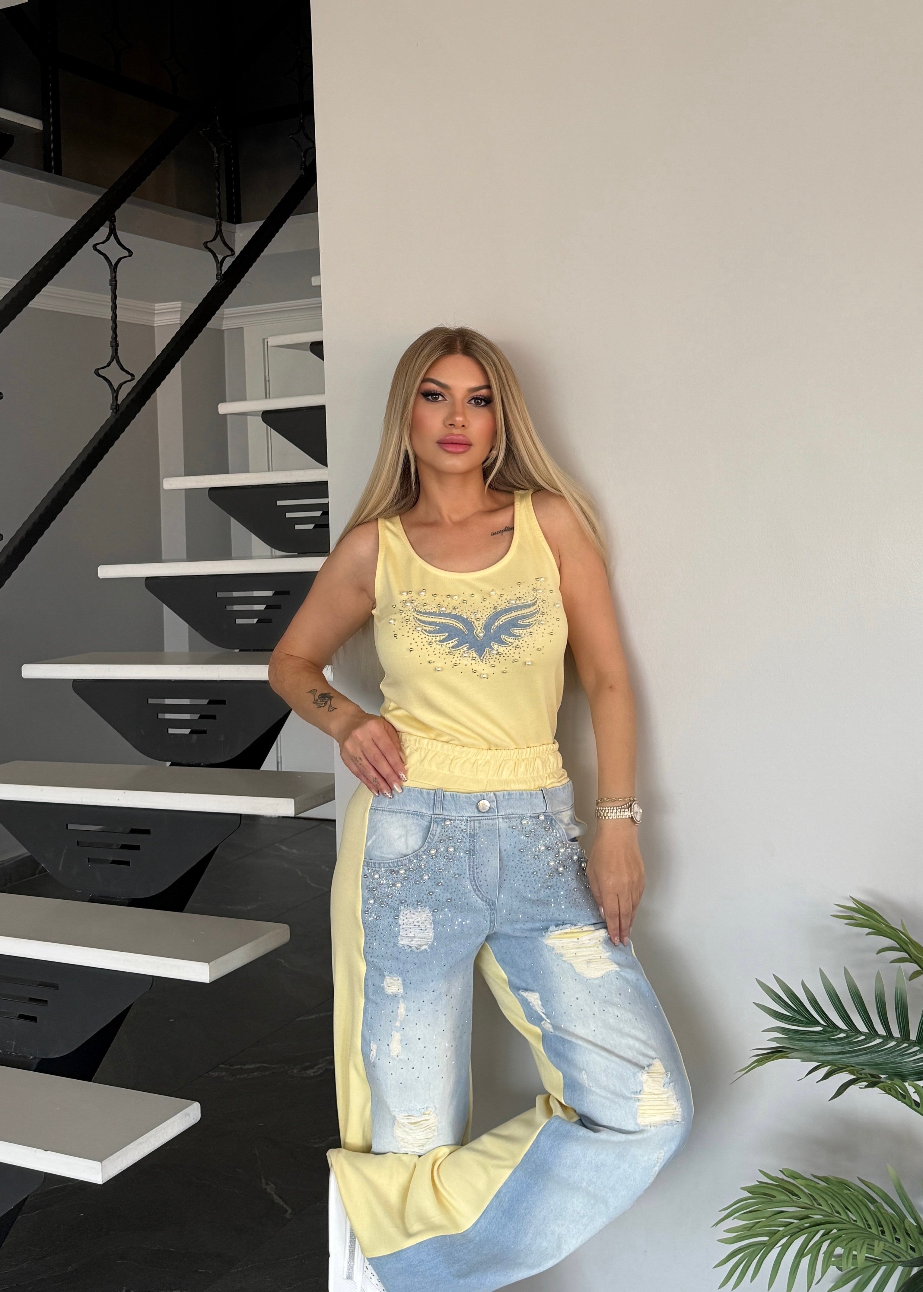 Angel Taşlı Takım Sarı