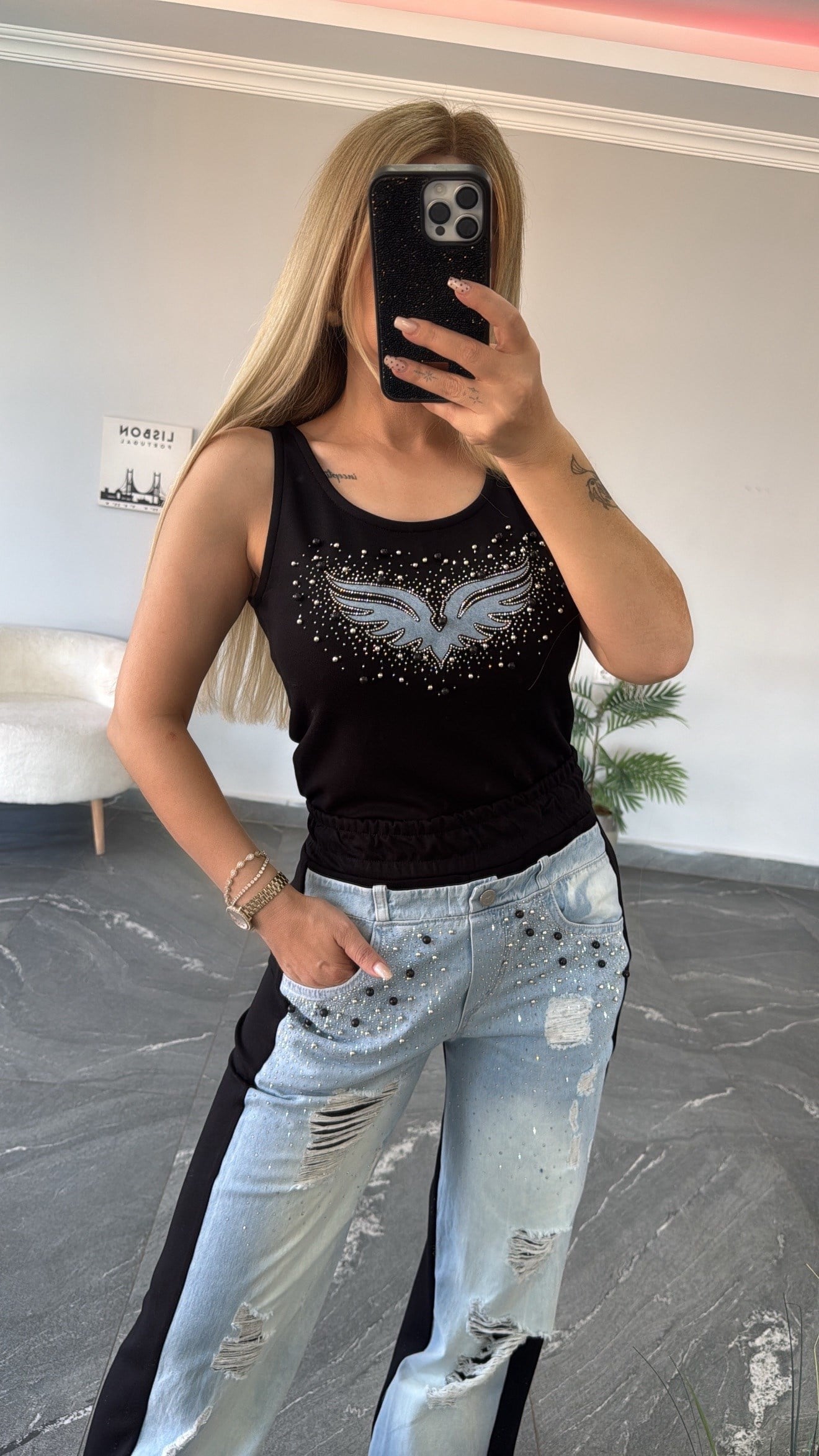 Angel Taşlı Takım Siyah 