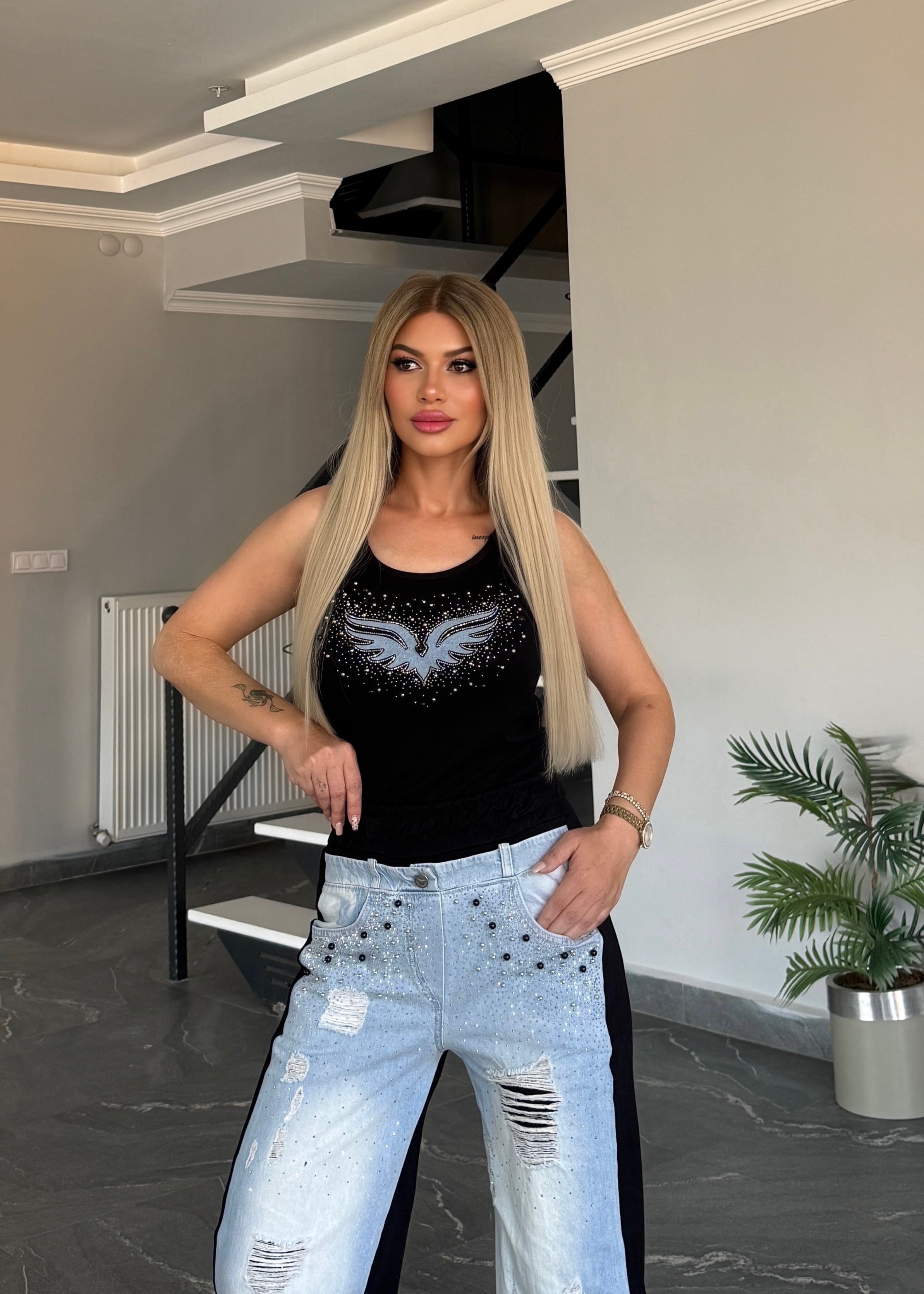 Angel Taşlı Takım Siyah 