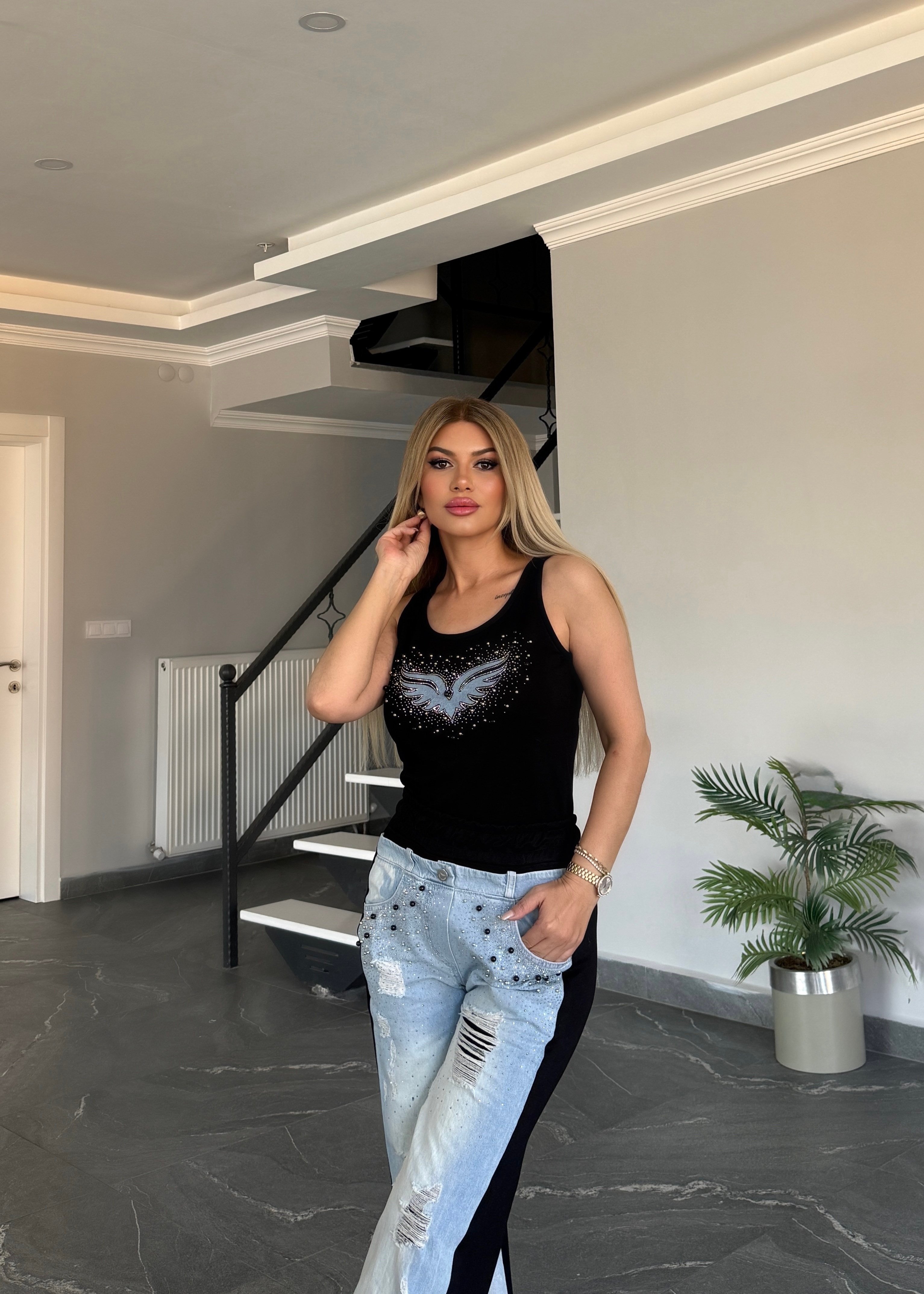Angel Taşlı Takım Siyah 