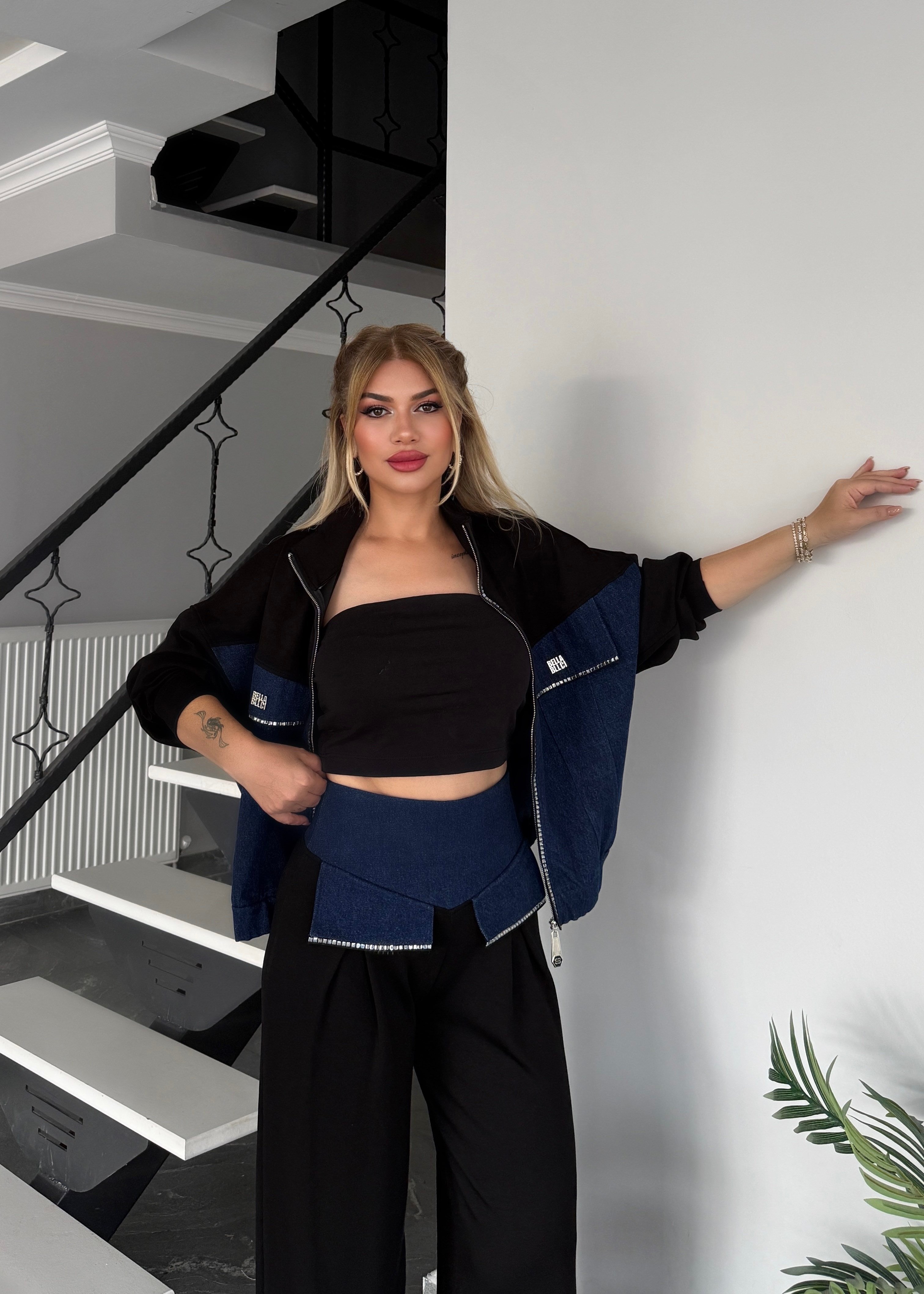 BB bel korsajlı kotlu takım siyah 