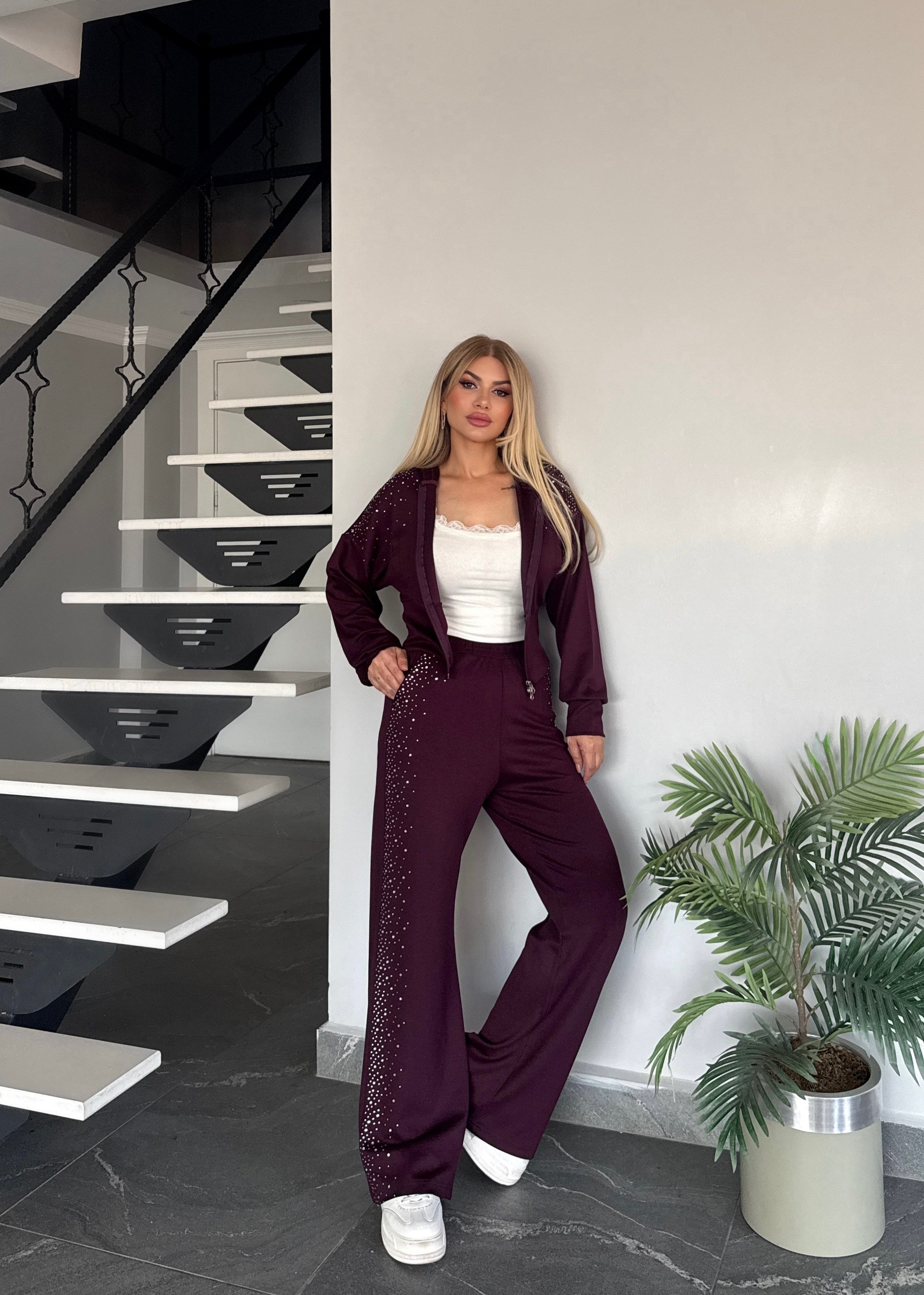 BB çift fermuarlı taşlı takım bordo 